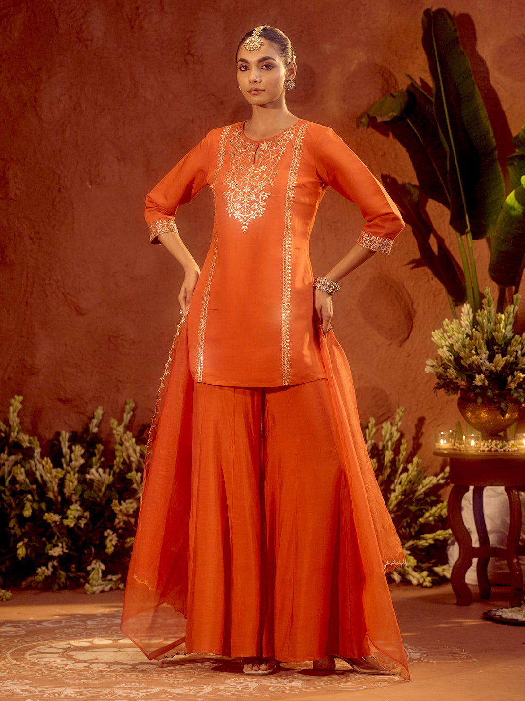 FIORRA Women’s Orange Viscose Chanderi Embroidered Ethnic Straight Kurta Set with Dupatta