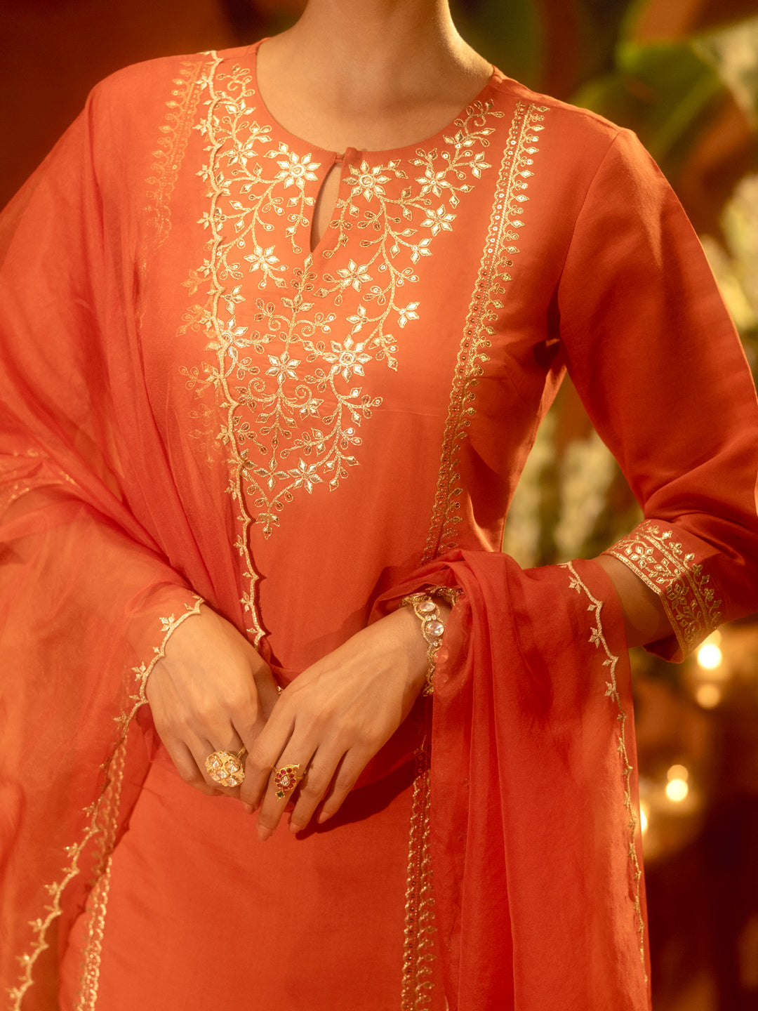 FIORRA Women’s Orange Viscose Chanderi Embroidered Ethnic Straight Kurta Set with Dupatta