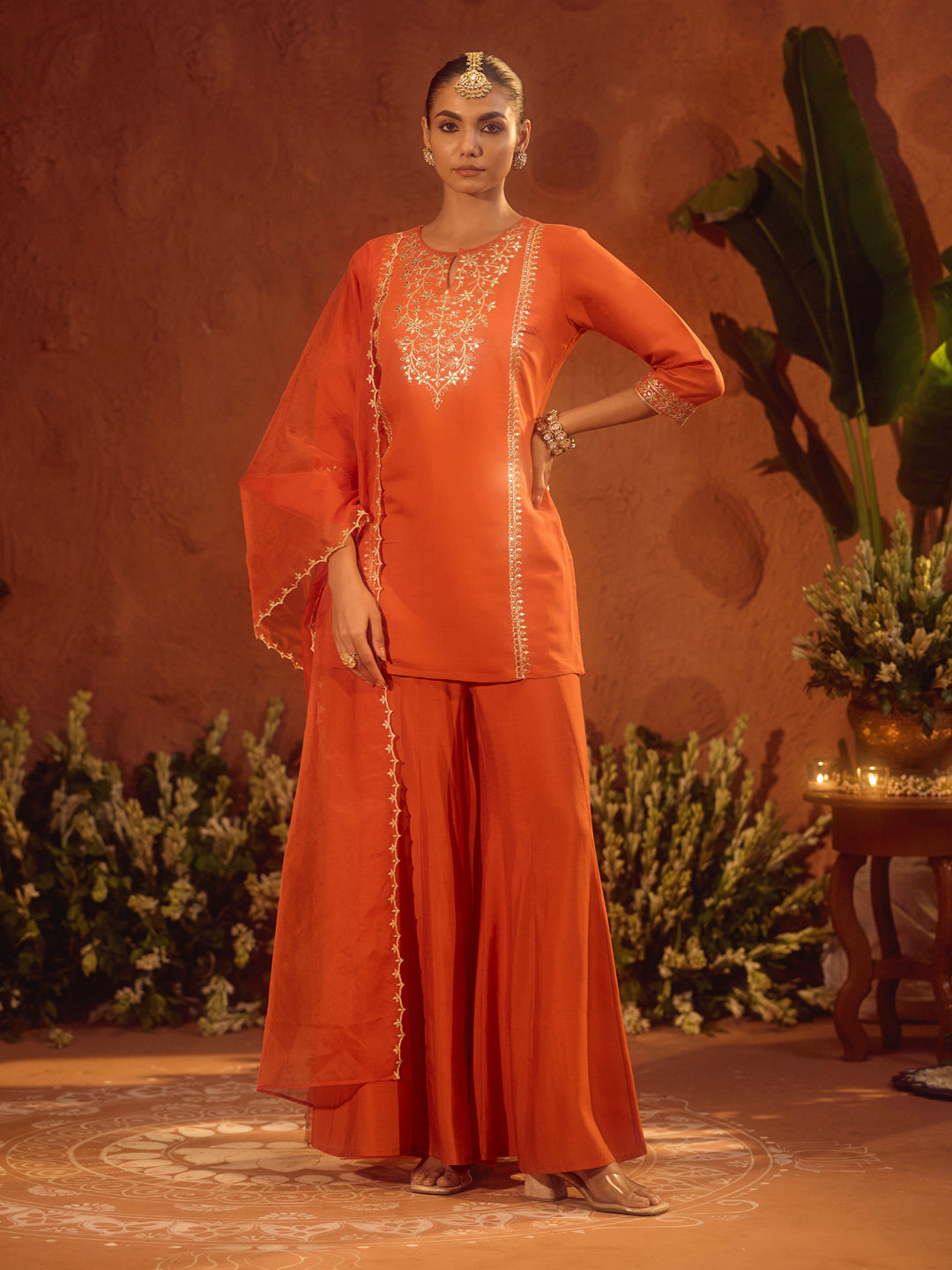 FIORRA Women’s Orange Viscose Chanderi Embroidered Ethnic Straight Kurta Set with Dupatta