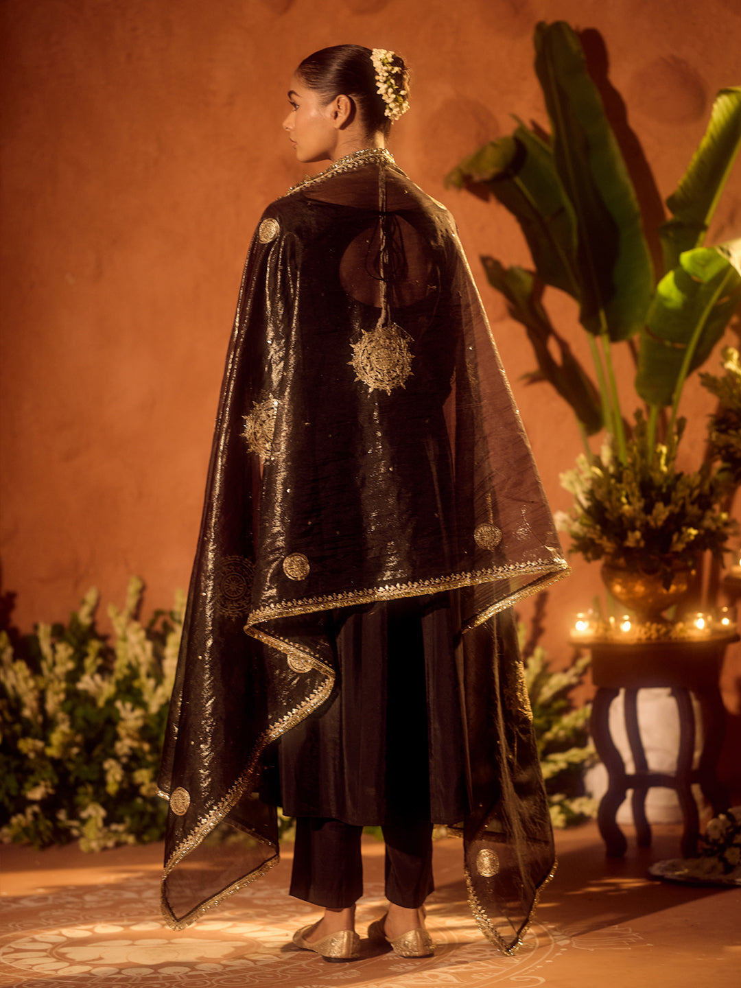 FIORRA Women’s Black Viscose Chanderi Embroidered Ethnic Anarkali Kurta Set with Dupatta