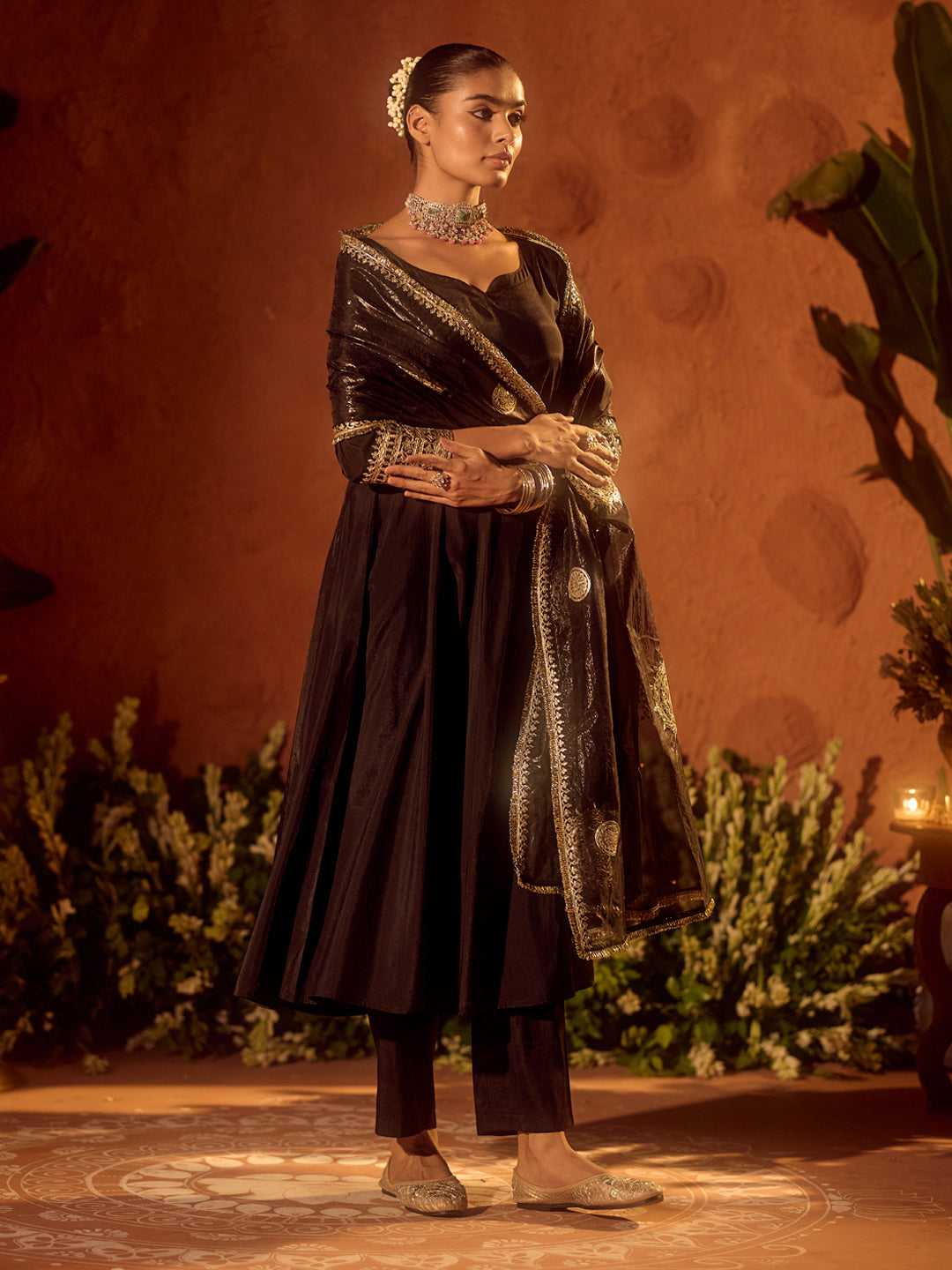 FIORRA Women’s Black Viscose Chanderi Embroidered Ethnic Anarkali Kurta Set with Dupatta