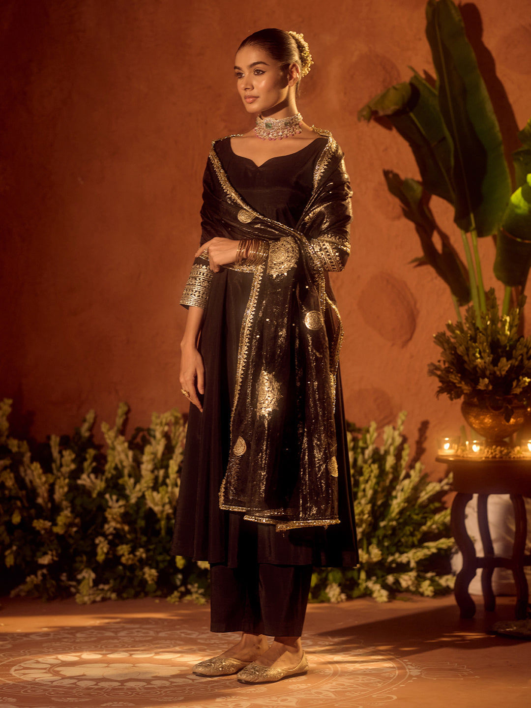 FIORRA Women’s Black Viscose Chanderi Embroidered Ethnic Anarkali Kurta Set with Dupatta