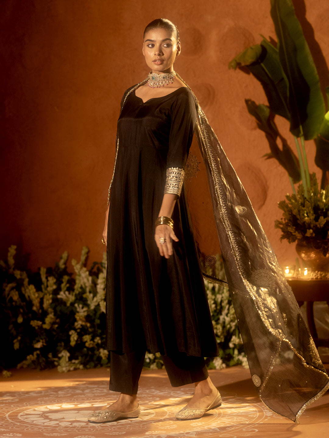 FIORRA Women’s Black Viscose Chanderi Embroidered Ethnic Anarkali Kurta Set with Dupatta