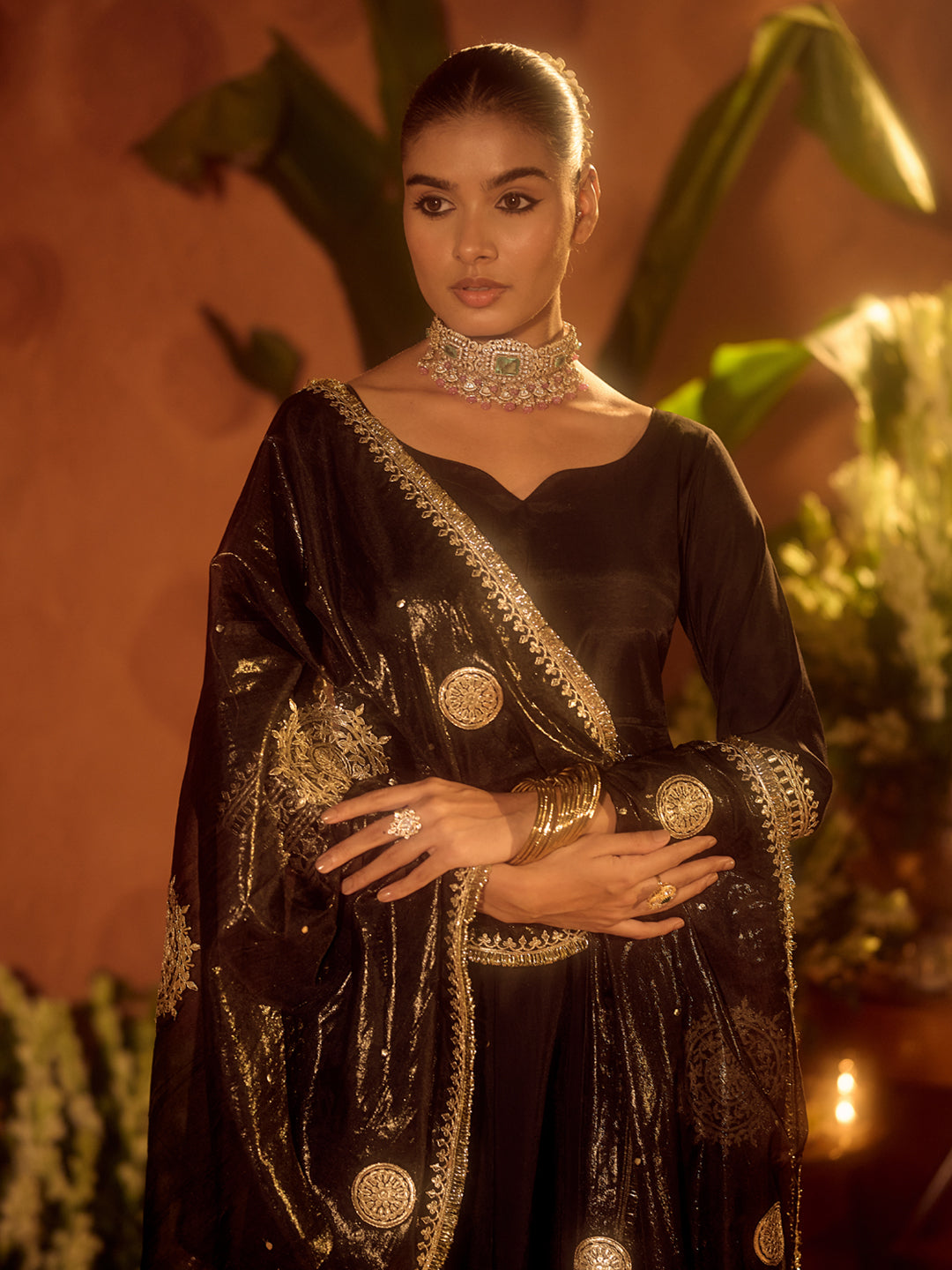 FIORRA Women’s Black Viscose Chanderi Embroidered Ethnic Anarkali Kurta Set with Dupatta