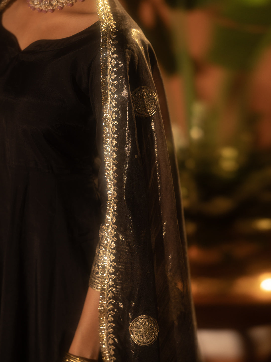 FIORRA Women’s Black Viscose Chanderi Embroidered Ethnic Anarkali Kurta Set with Dupatta