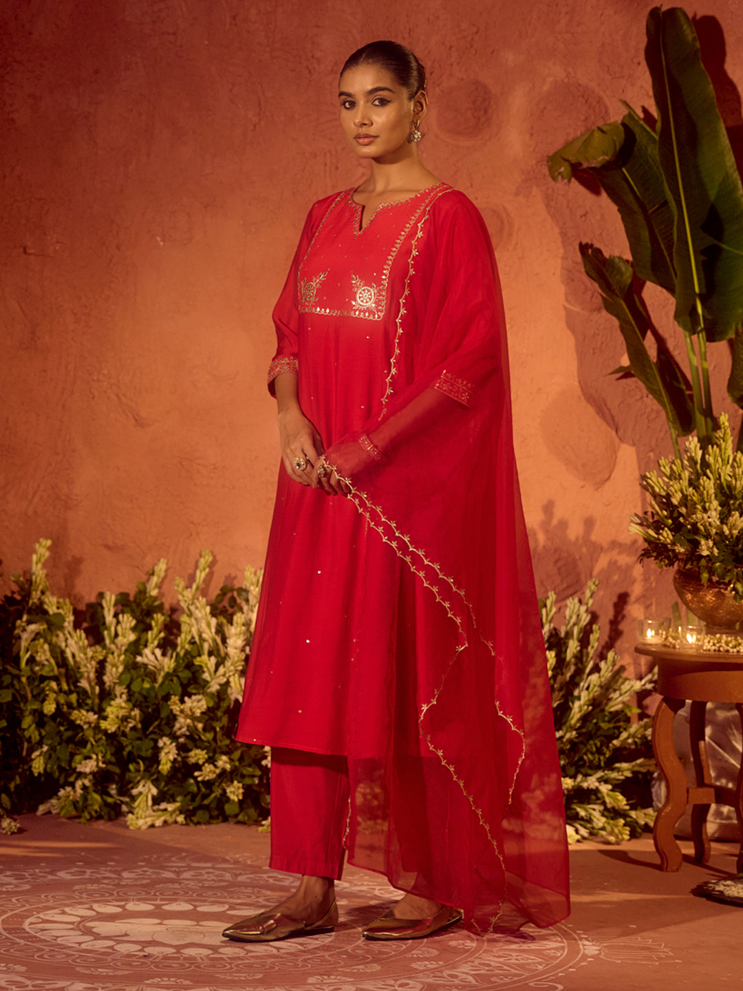 FIORRA Women’s Red Viscose Chanderi Embroidered Ethnic A-Line Kurta Set with Dupatta