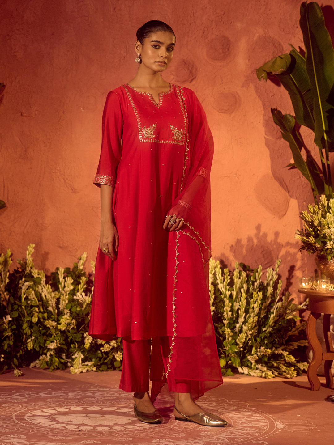 FIORRA Women’s Red Viscose Chanderi Embroidered Ethnic A-Line Kurta Set with Dupatta