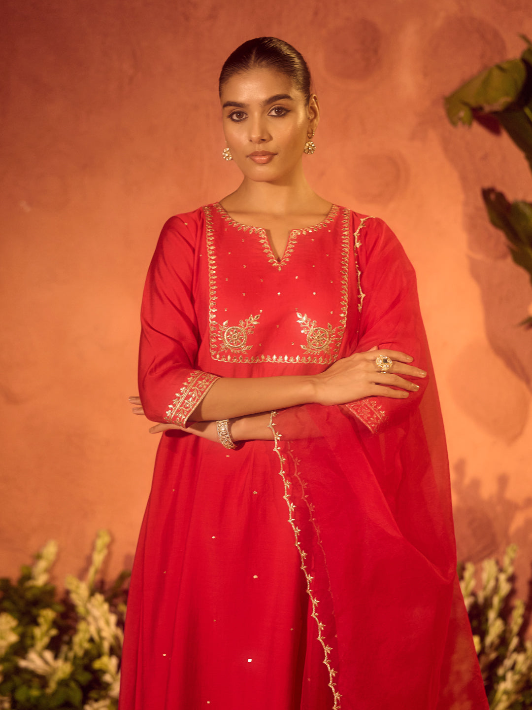 FIORRA Women’s Red Viscose Chanderi Embroidered Ethnic A-Line Kurta Set with Dupatta