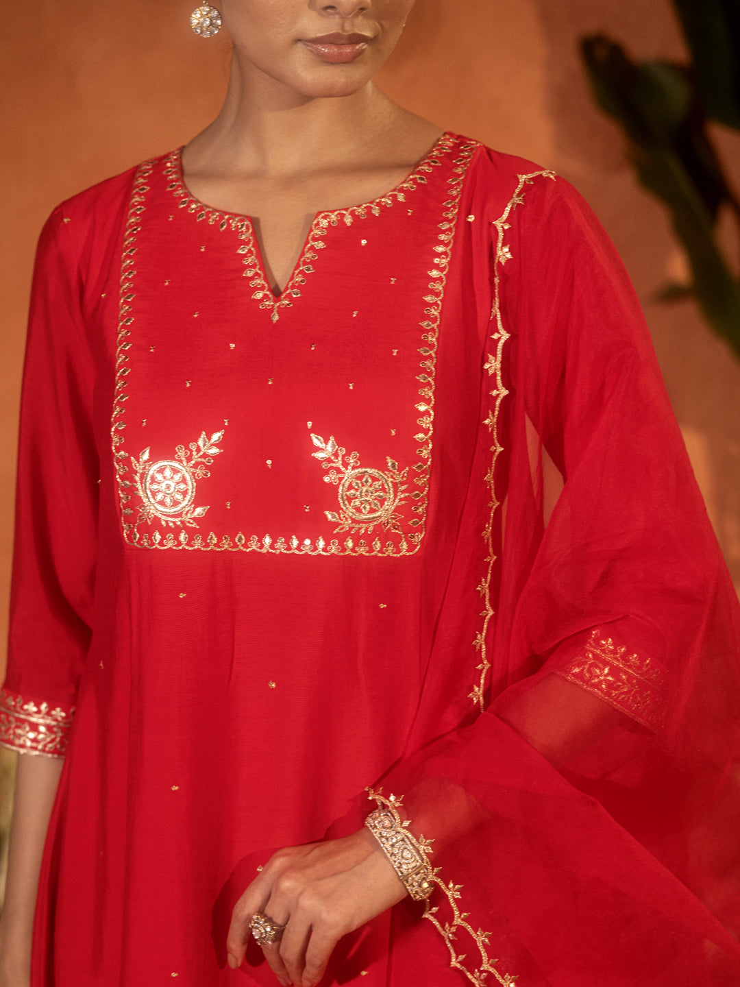 FIORRA Women’s Red Viscose Chanderi Embroidered Ethnic A-Line Kurta Set with Dupatta