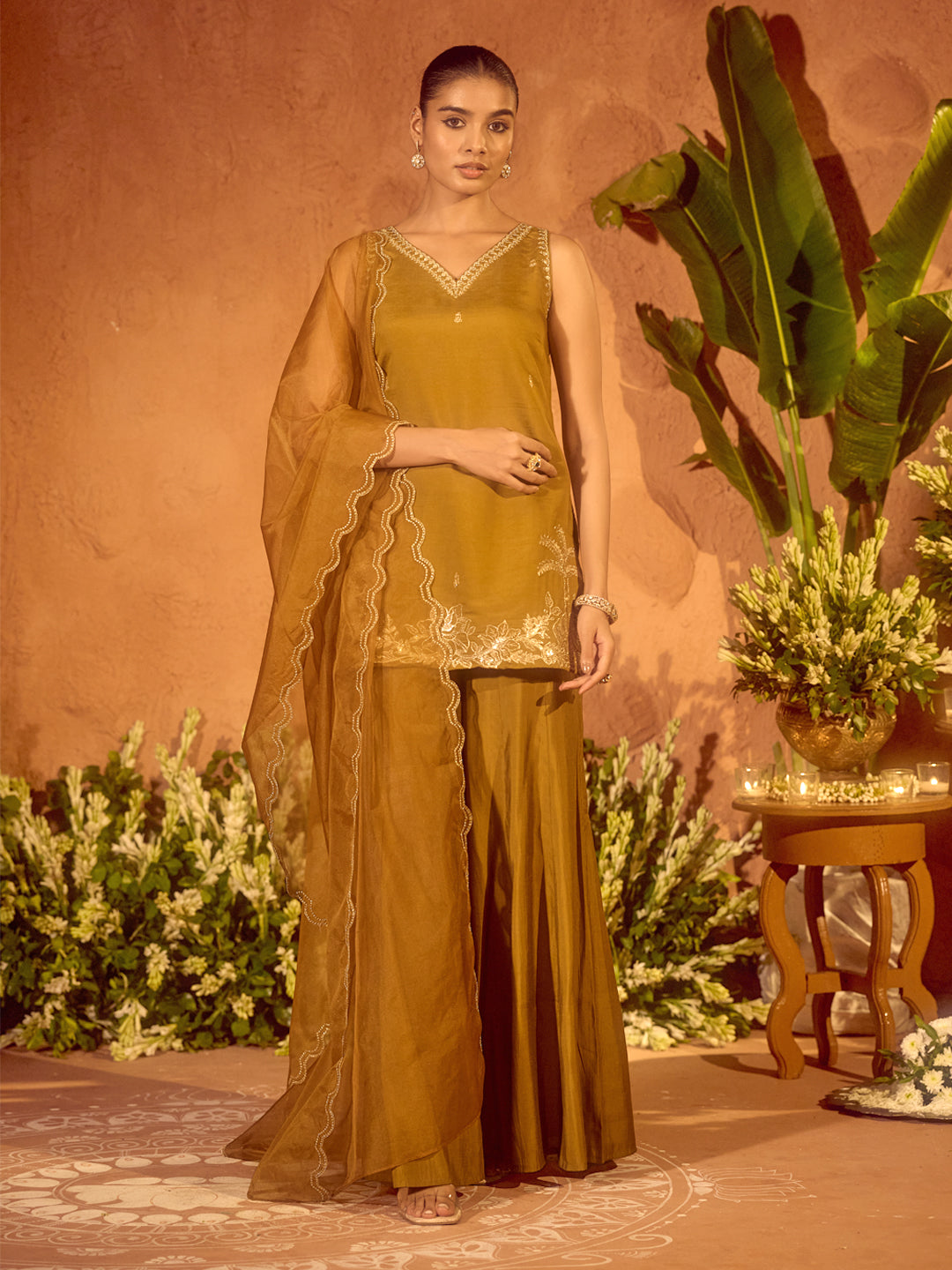 FIORRA Women’s Mustard Viscose Chanderi Embroidered Ethnic Straight Kurta Set with Dupatta