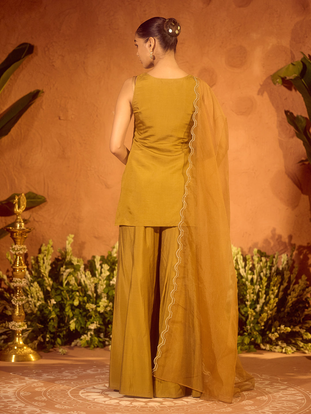 FIORRA Women’s Mustard Viscose Chanderi Embroidered Ethnic Straight Kurta Set with Dupatta