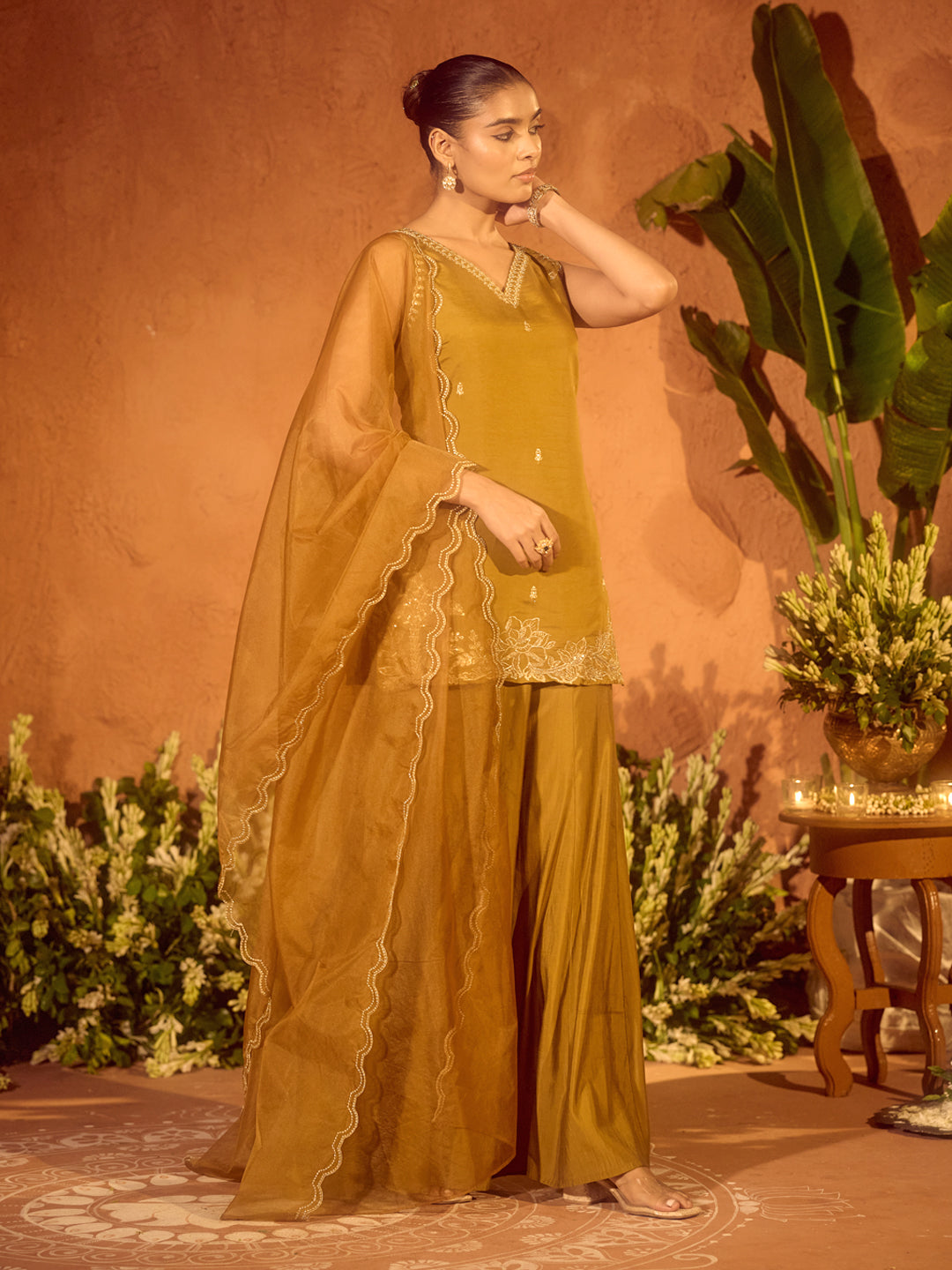 FIORRA Women’s Mustard Viscose Chanderi Embroidered Ethnic Straight Kurta Set with Dupatta