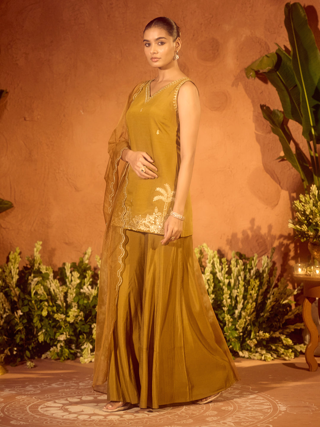 FIORRA Women’s Mustard Viscose Chanderi Embroidered Ethnic Straight Kurta Set with Dupatta