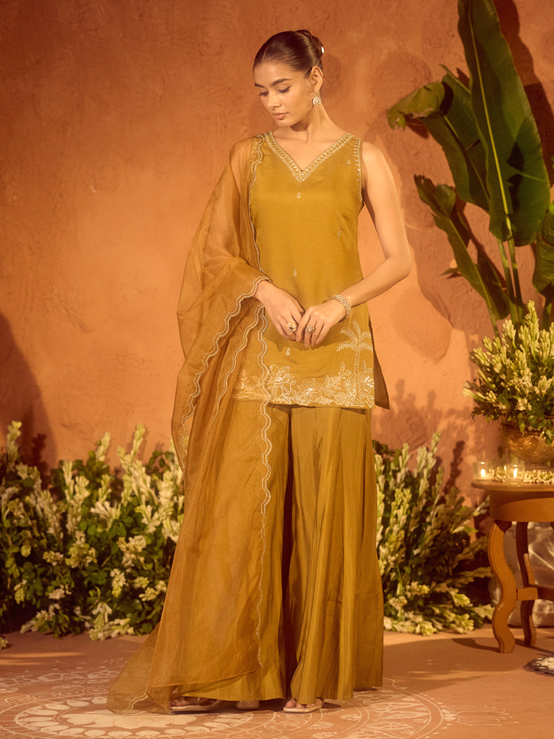 FIORRA Women’s Mustard Viscose Chanderi Embroidered Ethnic Straight Kurta Set with Dupatta