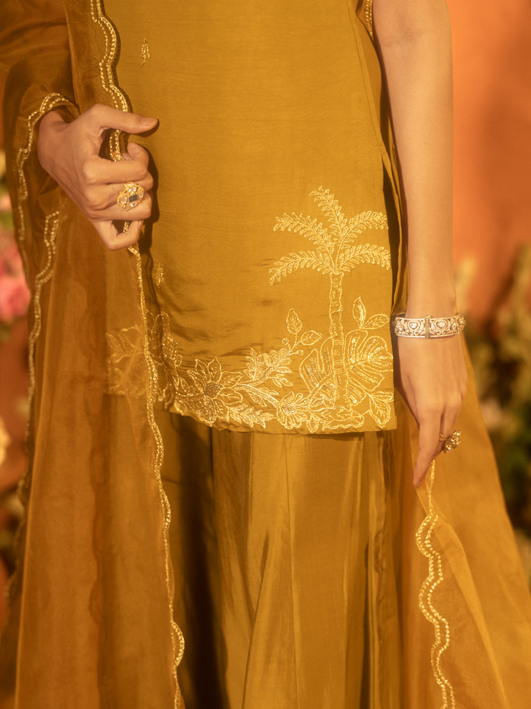 FIORRA Women’s Mustard Viscose Chanderi Embroidered Ethnic Straight Kurta Set with Dupatta