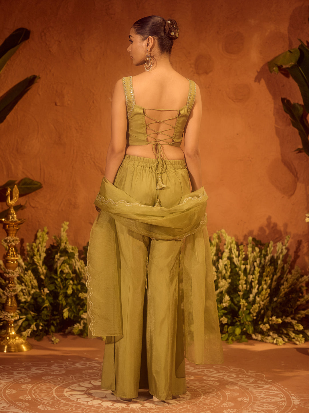 FIORRA Women Olive Green Viscose Chanderi Embroidered Ethnic Top Palazzo Set with Dupatta