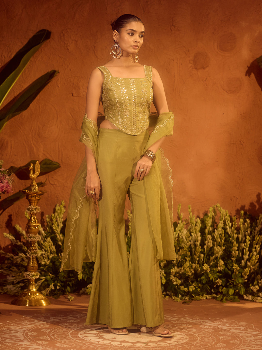 FIORRA Women Olive Green Viscose Chanderi Embroidered Ethnic Top Palazzo Set with Dupatta