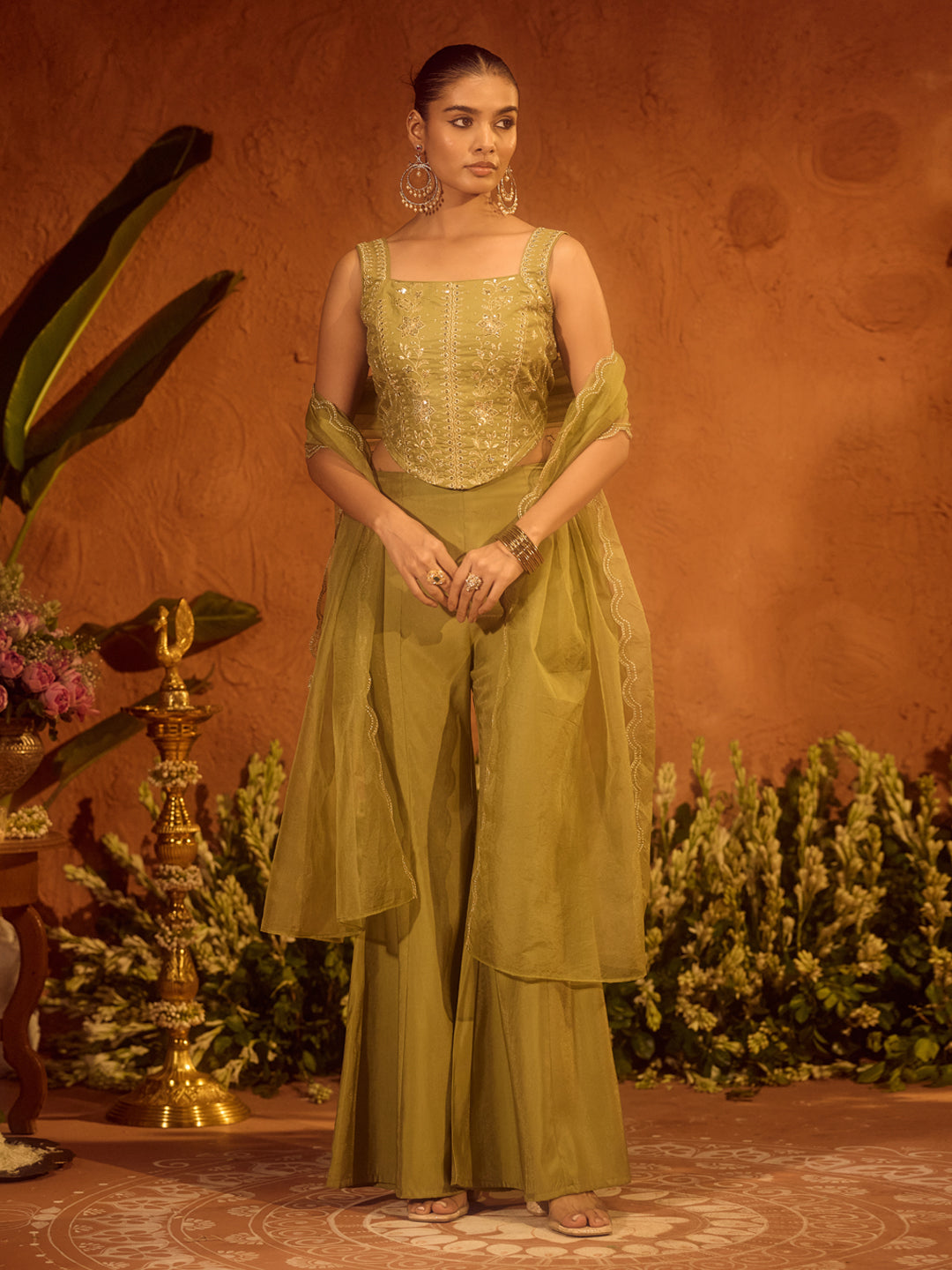 FIORRA Women Olive Green Viscose Chanderi Embroidered Ethnic Top Palazzo Set with Dupatta