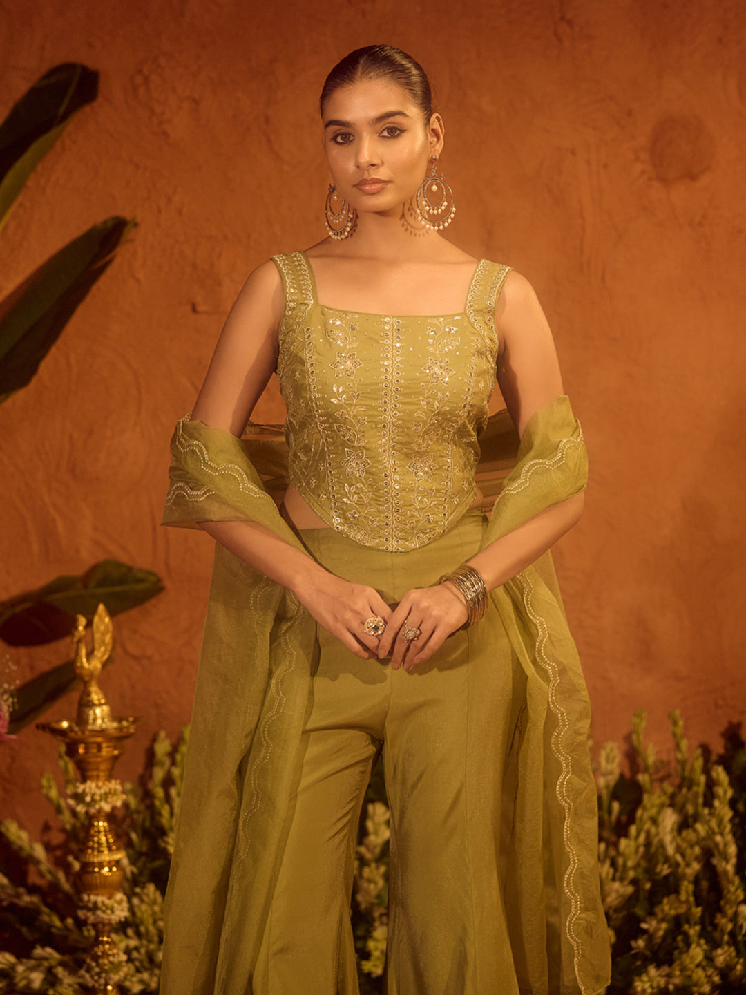 FIORRA Women Olive Green Viscose Chanderi Embroidered Ethnic Top Palazzo Set with Dupatta