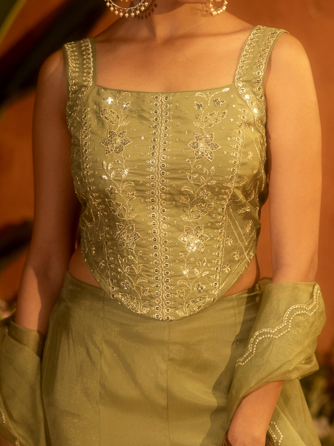 FIORRA Women Olive Green Viscose Chanderi Embroidered Ethnic Top Palazzo Set with Dupatta