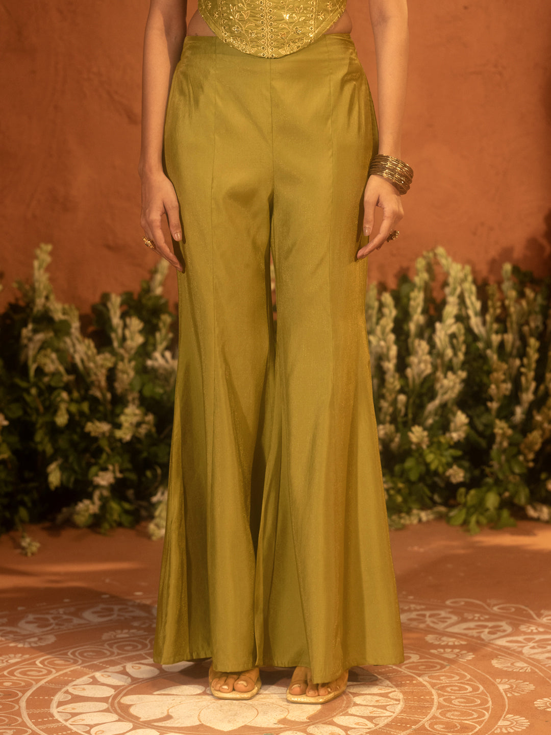 FIORRA Women Olive Green Viscose Chanderi Embroidered Ethnic Top Palazzo Set with Dupatta