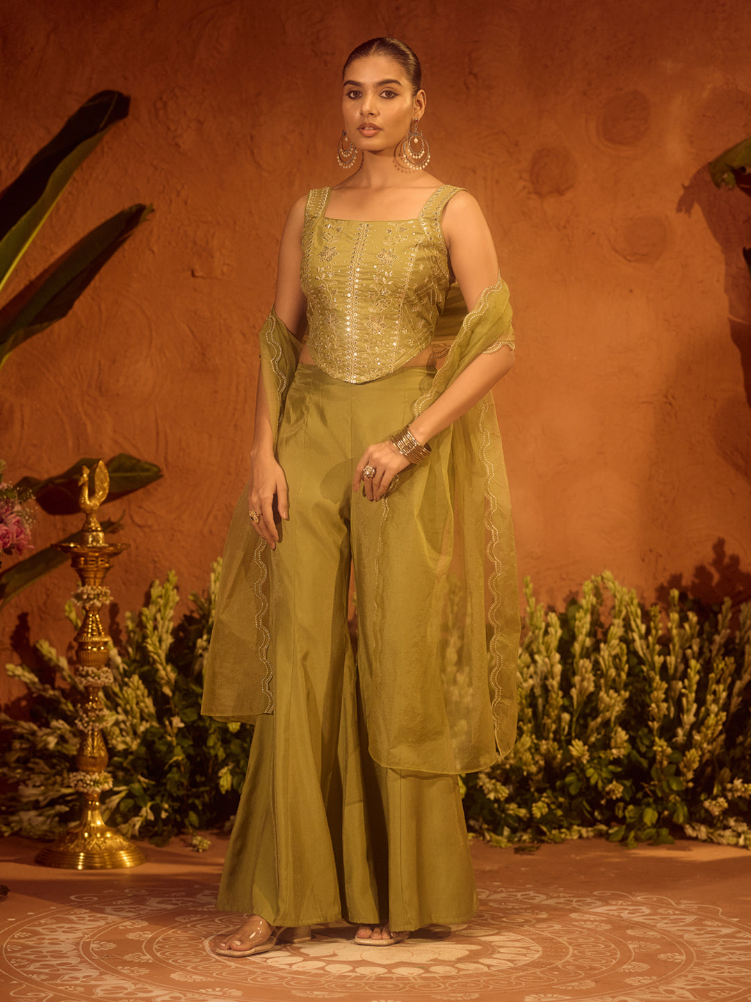 FIORRA Women Olive Green Viscose Chanderi Embroidered Ethnic Top Palazzo Set with Dupatta