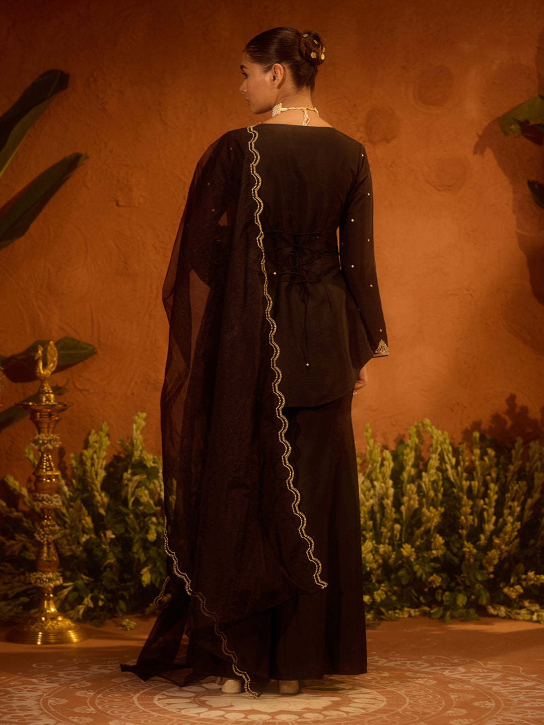 FIORRA Women’s Black Viscose Chanderi Embroidered Ethnic A-line Kurta Set with Dupatta