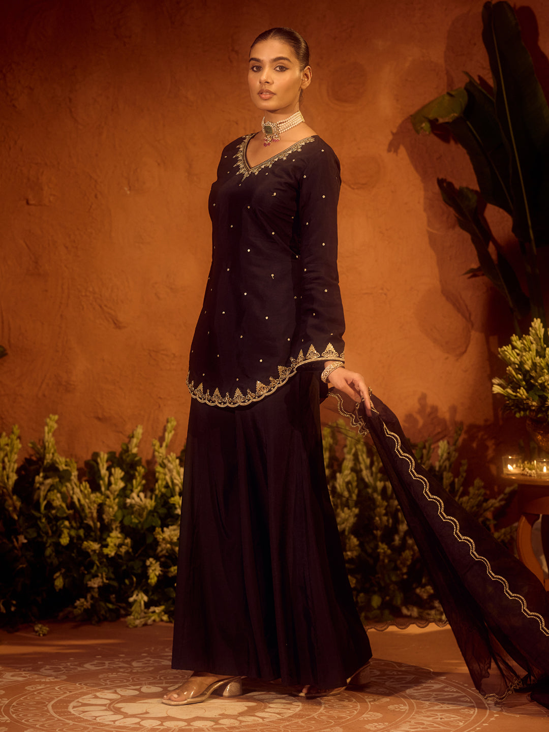 FIORRA Women’s Black Viscose Chanderi Embroidered Ethnic A-line Kurta Set with Dupatta