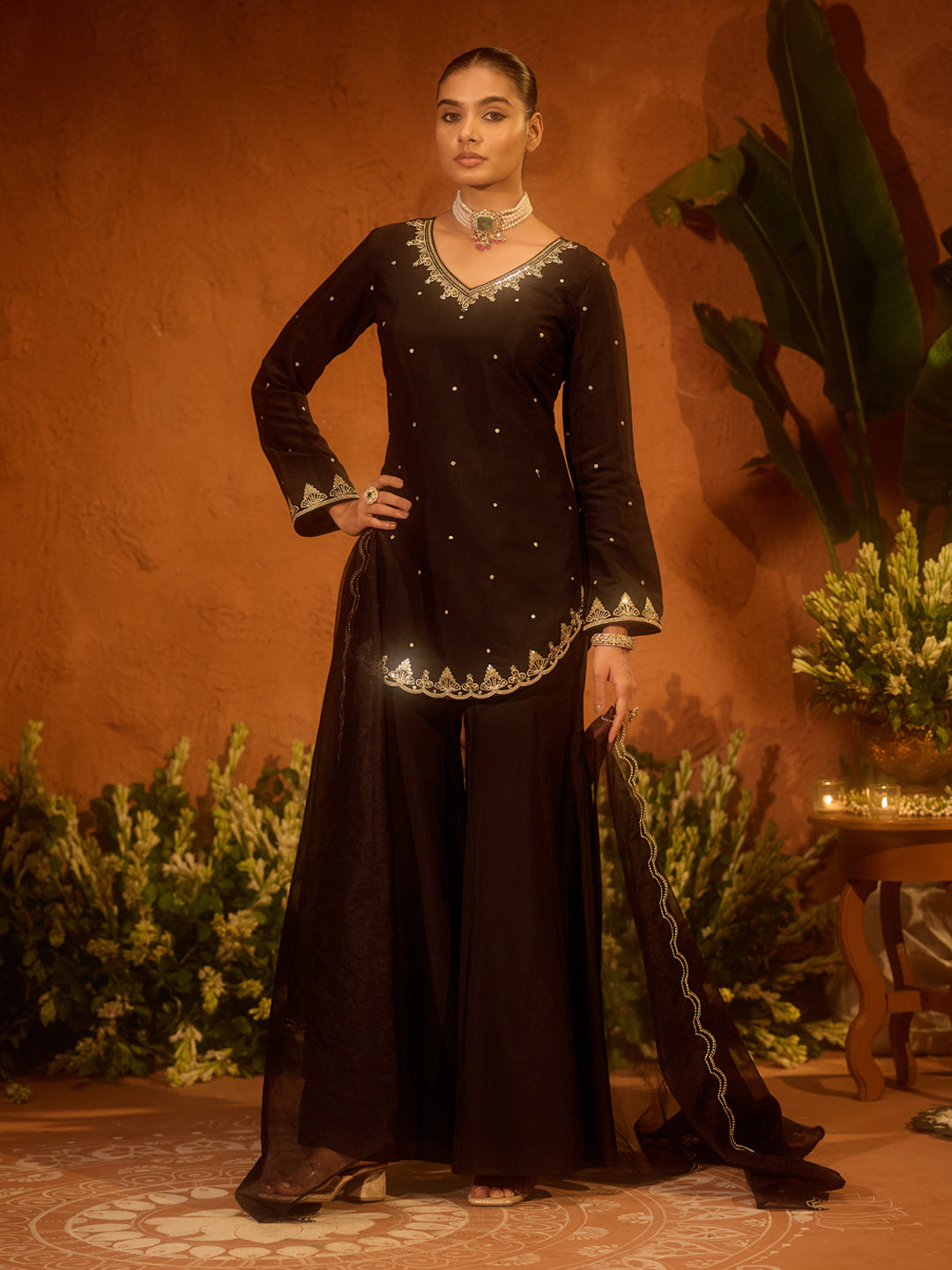 FIORRA Women’s Black Viscose Chanderi Embroidered Ethnic A-line Kurta Set with Dupatta