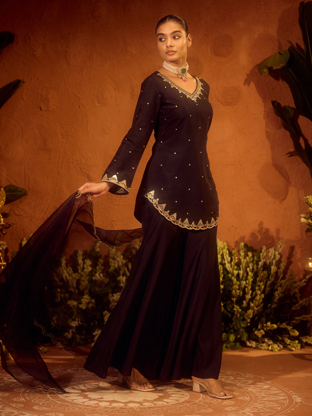 FIORRA Women’s Black Viscose Chanderi Embroidered Ethnic A-line Kurta Set with Dupatta