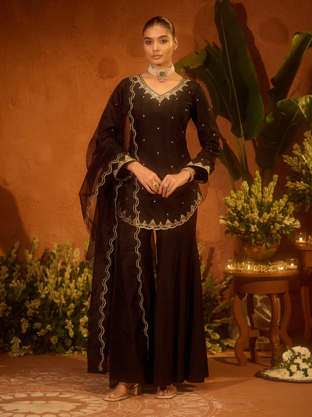 FIORRA Women’s Black Viscose Chanderi Embroidered Ethnic A-line Kurta Set with Dupatta