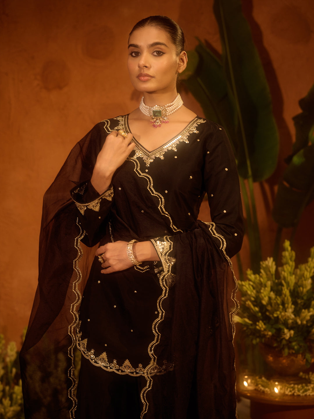 FIORRA Women’s Black Viscose Chanderi Embroidered Ethnic A-line Kurta Set with Dupatta