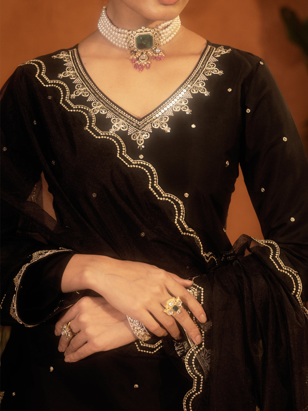 FIORRA Women’s Black Viscose Chanderi Embroidered Ethnic A-line Kurta Set with Dupatta