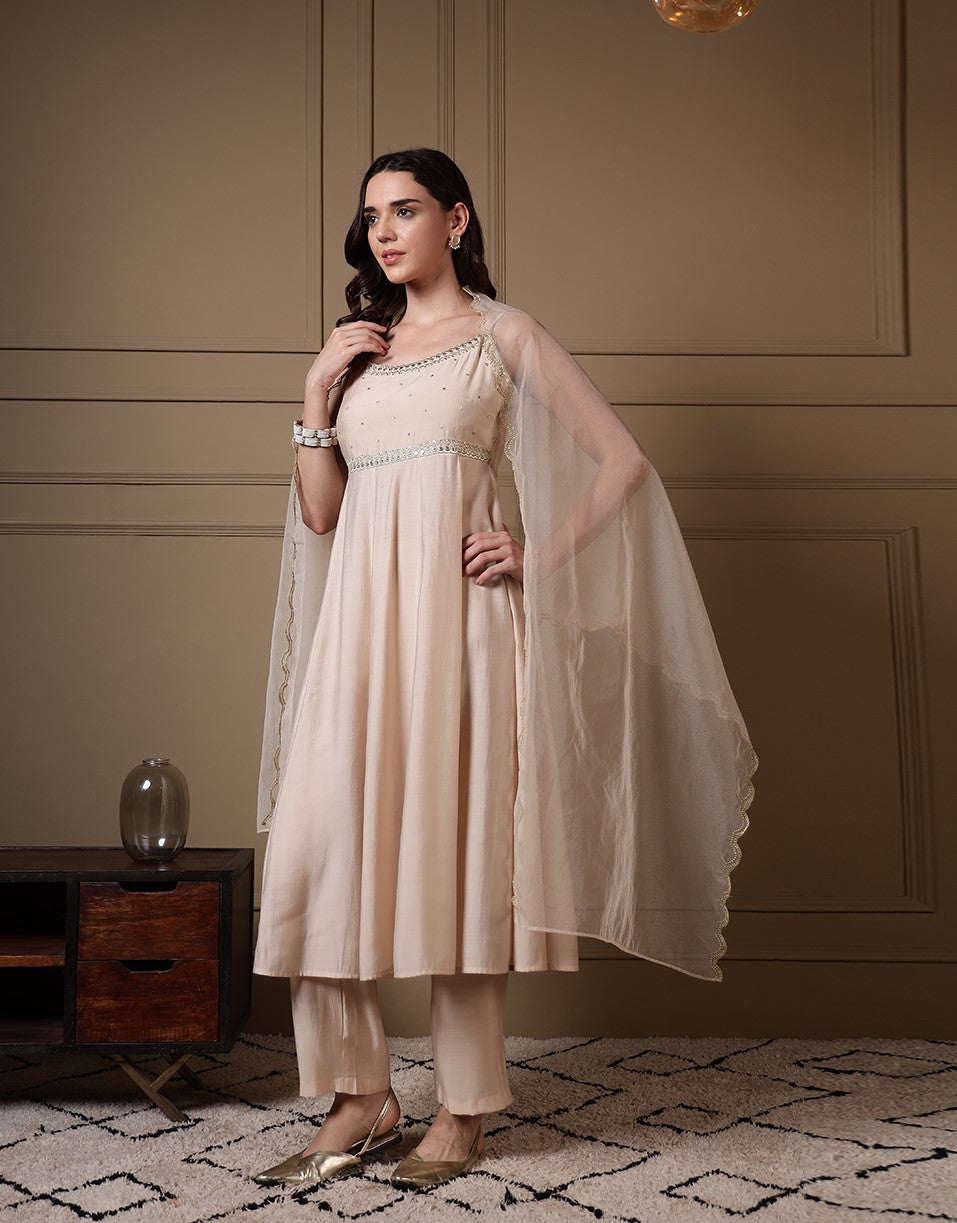 FIORRA Women Off-White Viscose Chanderi Embroidered A-Line Kurta Set with Dupatta