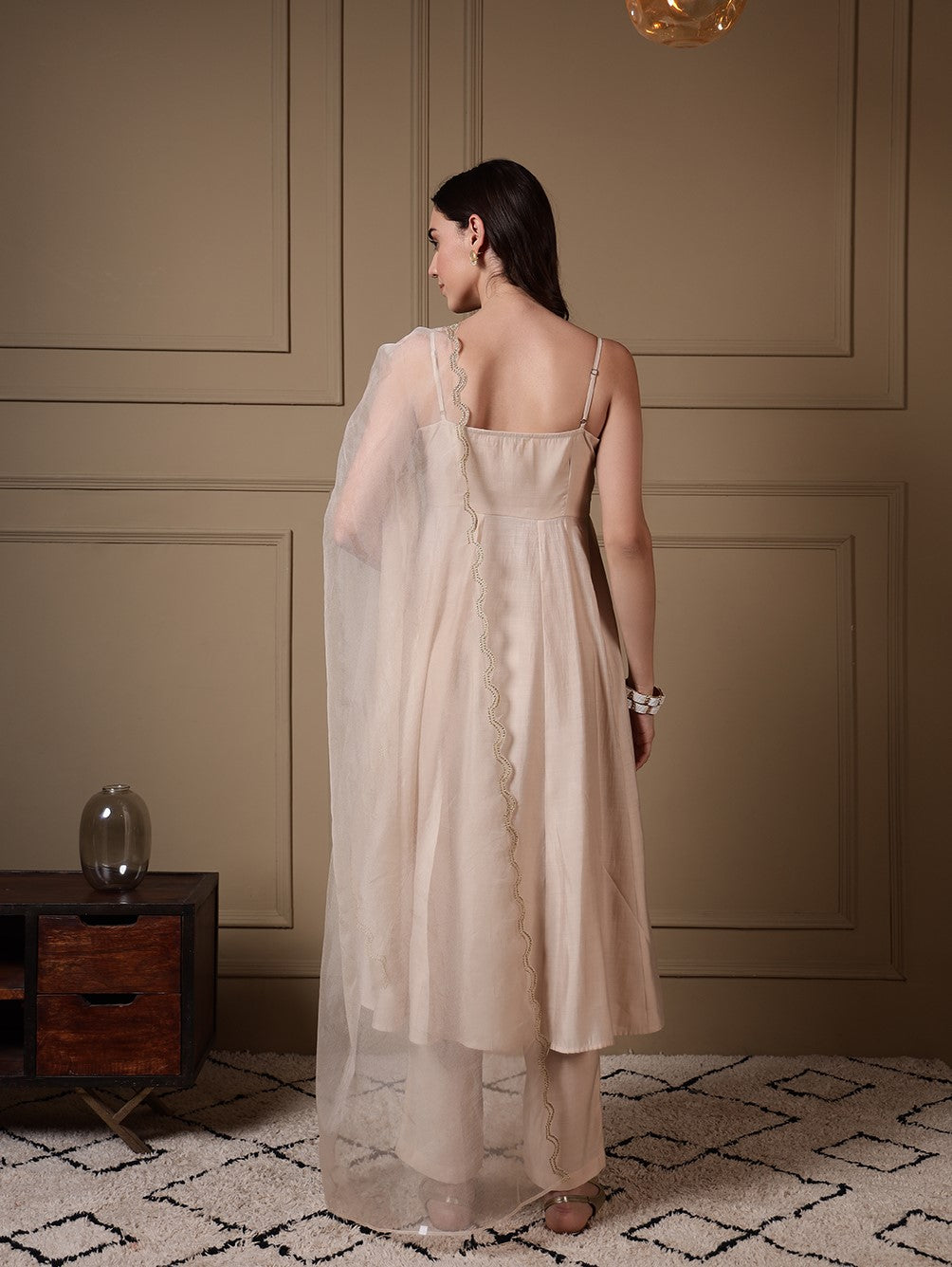 FIORRA Women Off-White Viscose Chanderi Embroidered A-Line Kurta Set with Dupatta