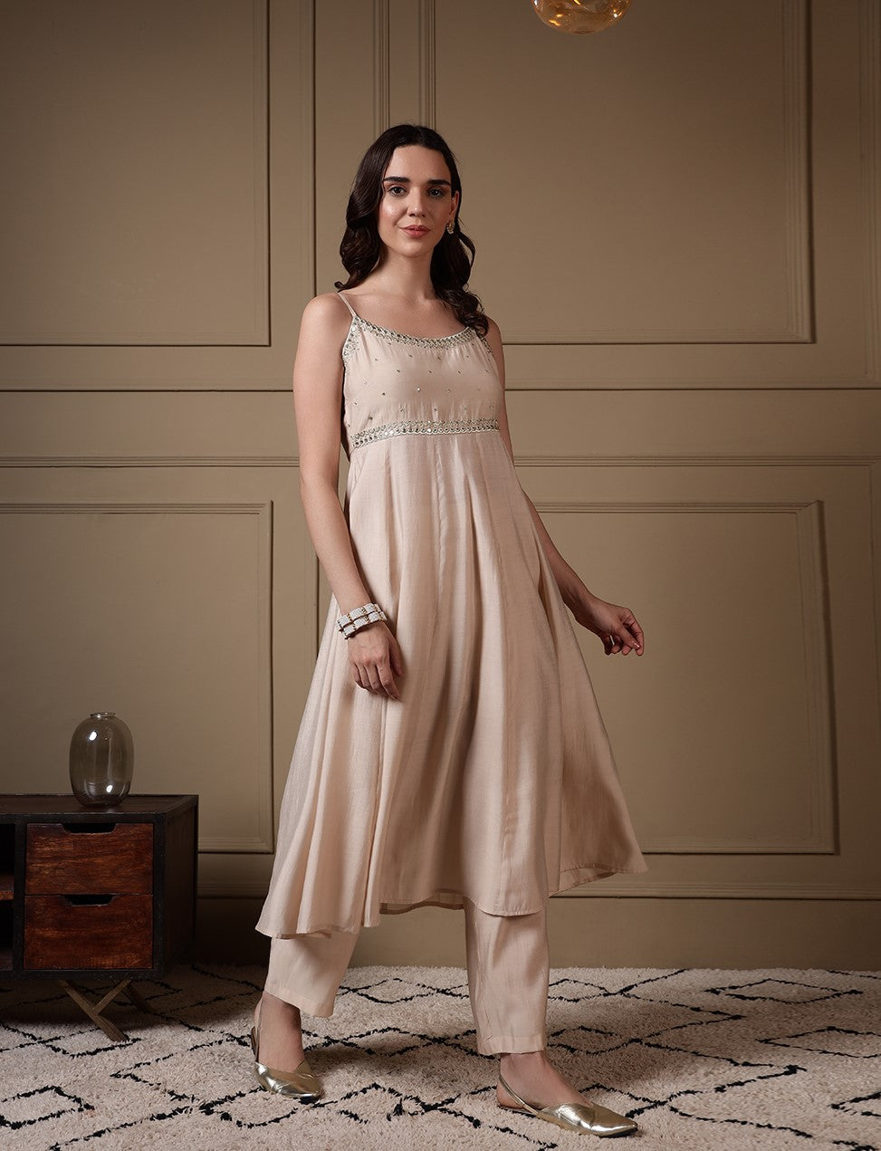 FIORRA Women Off-White Viscose Chanderi Embroidered A-Line Kurta Set with Dupatta