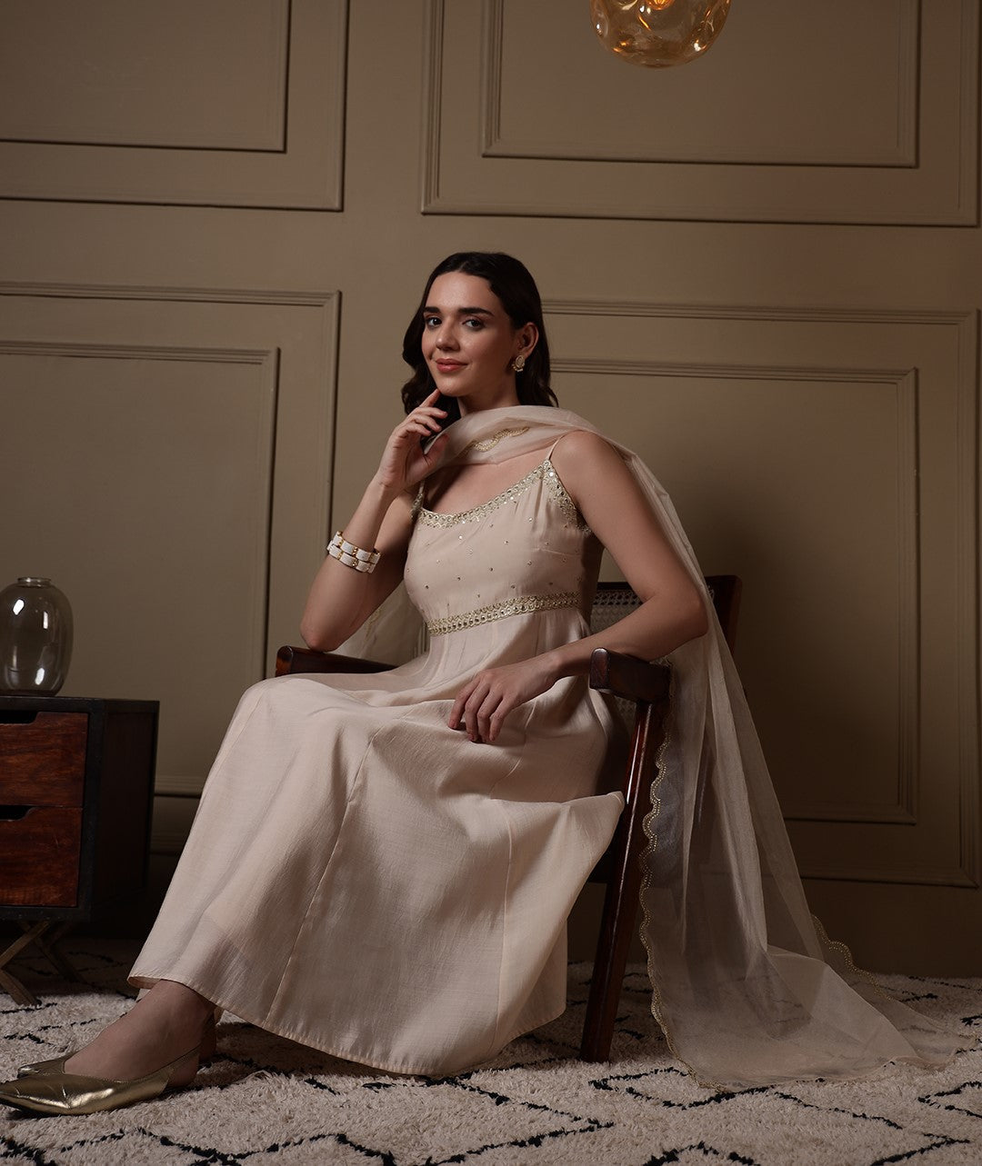 FIORRA Women Off-White Viscose Chanderi Embroidered A-Line Kurta Set with Dupatta