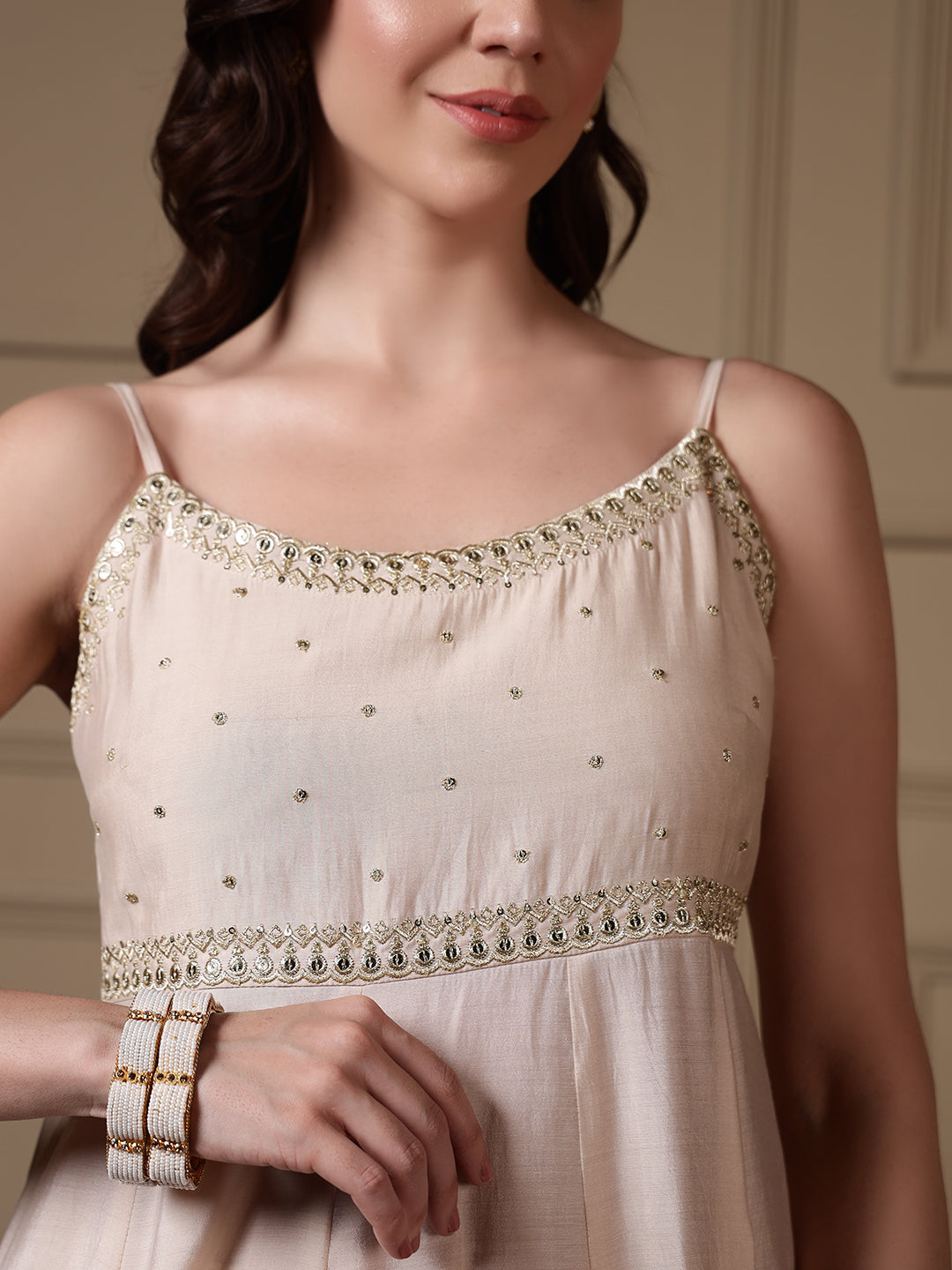 FIORRA Women Off-White Viscose Chanderi Embroidered A-Line Kurta Set with Dupatta