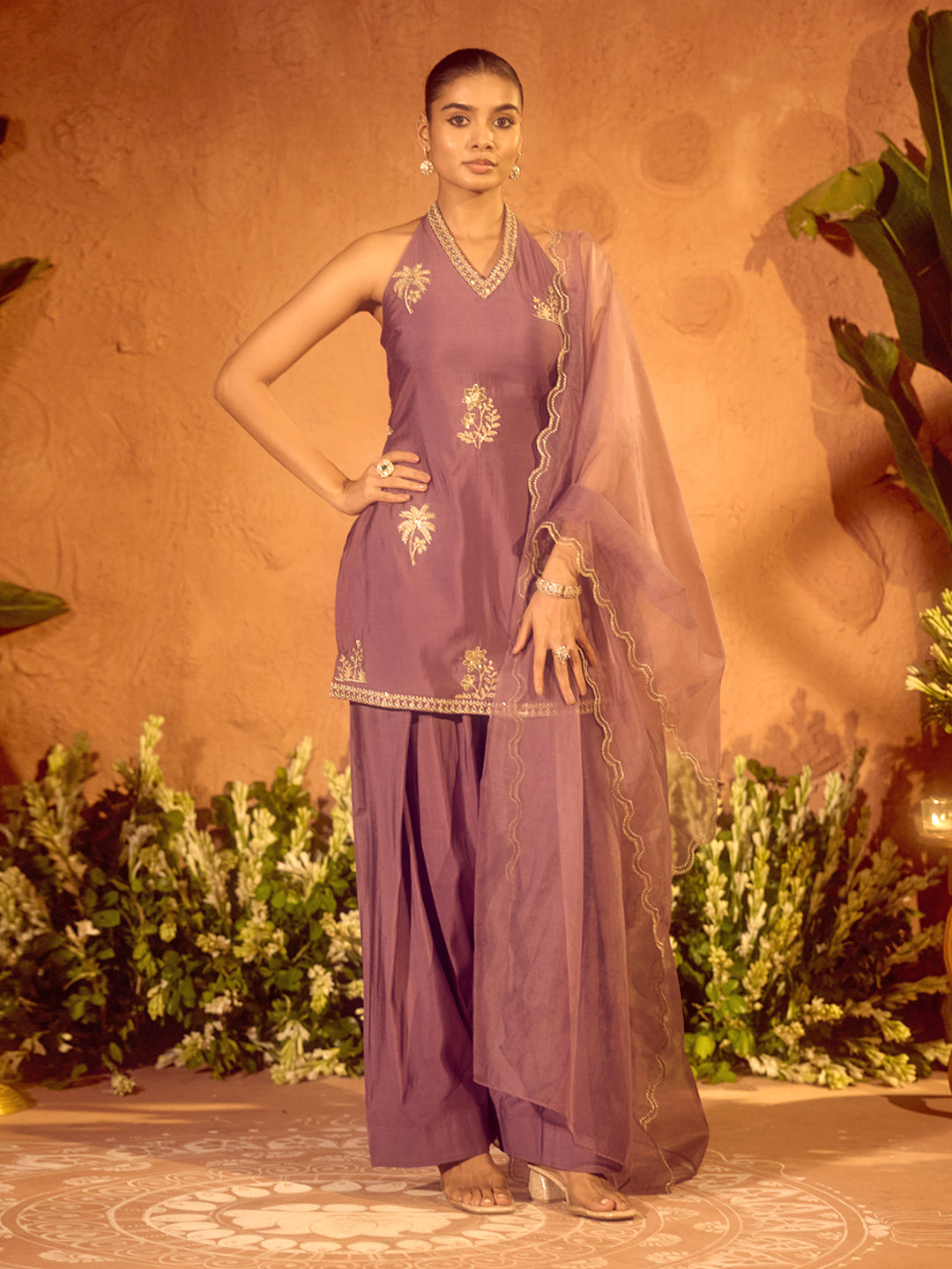 FIORRA Women’s Lavender Viscose Chanderi Embroidered Ethnic Straight Kurta Set with Dupatta