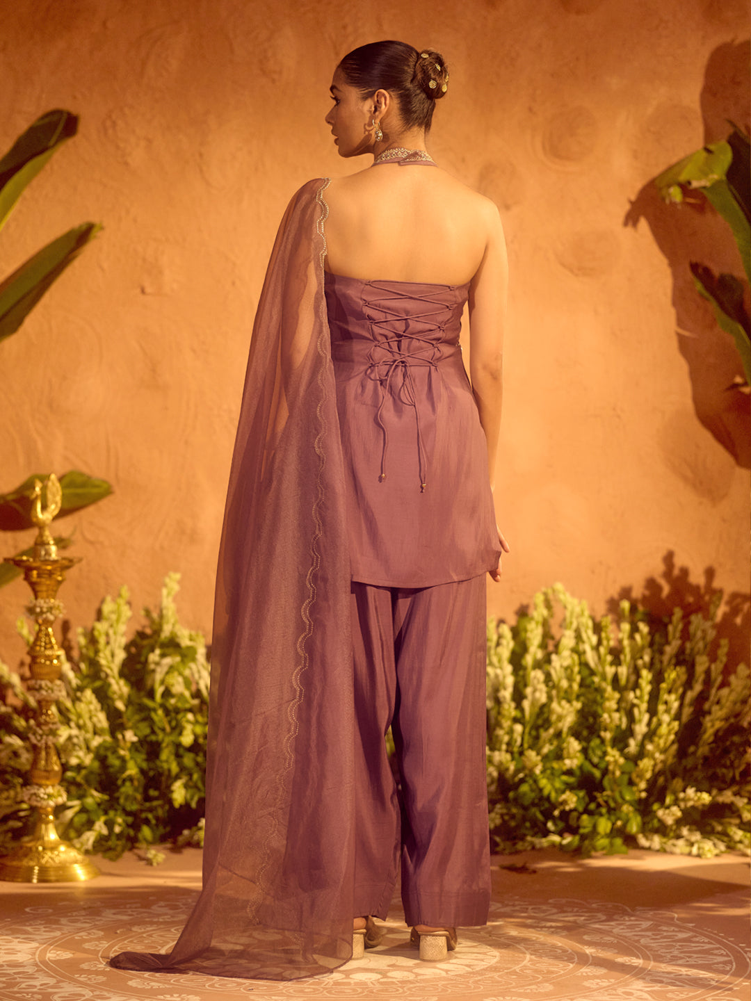 FIORRA Women’s Lavender Viscose Chanderi Embroidered Ethnic Straight Kurta Set with Dupatta