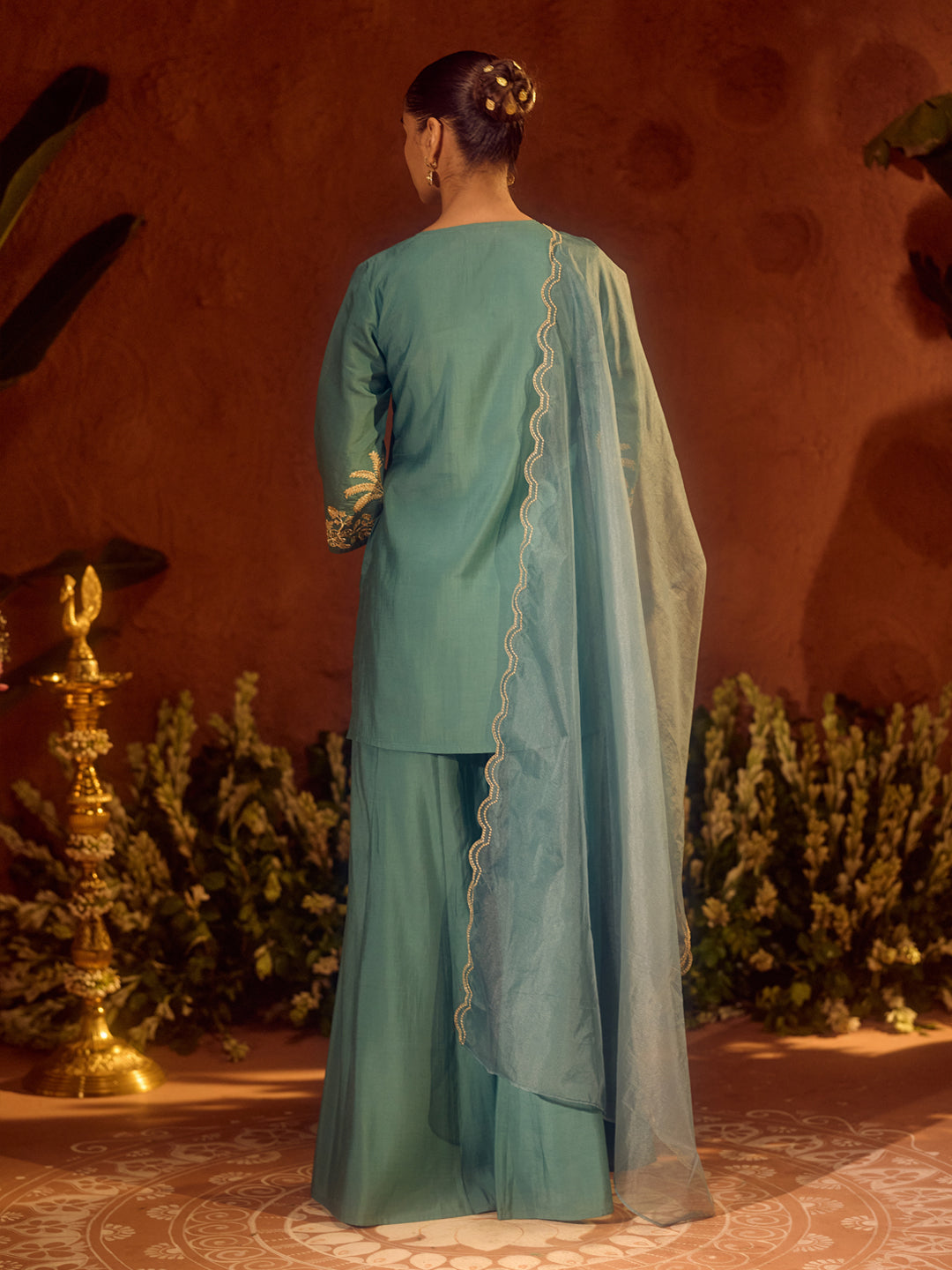 FIORRA Women’s Sea Green Viscose Chanderi Embroidered Ethnic Straight Kurta Set with Dupatta