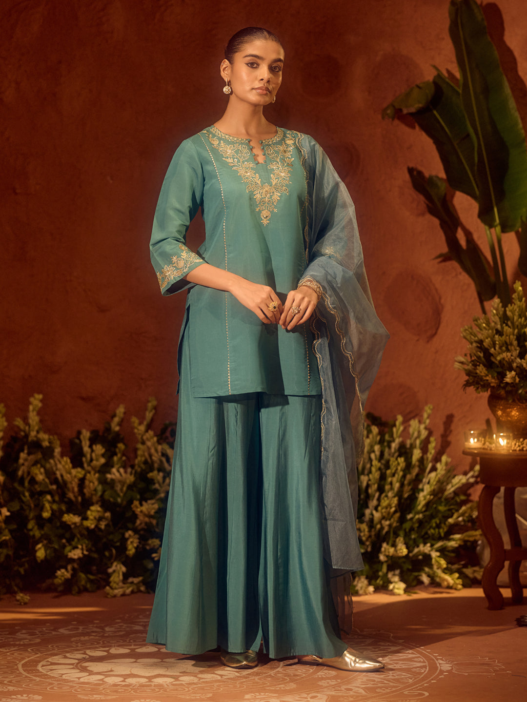 FIORRA Women’s Sea Green Viscose Chanderi Embroidered Ethnic Straight Kurta Set with Dupatta