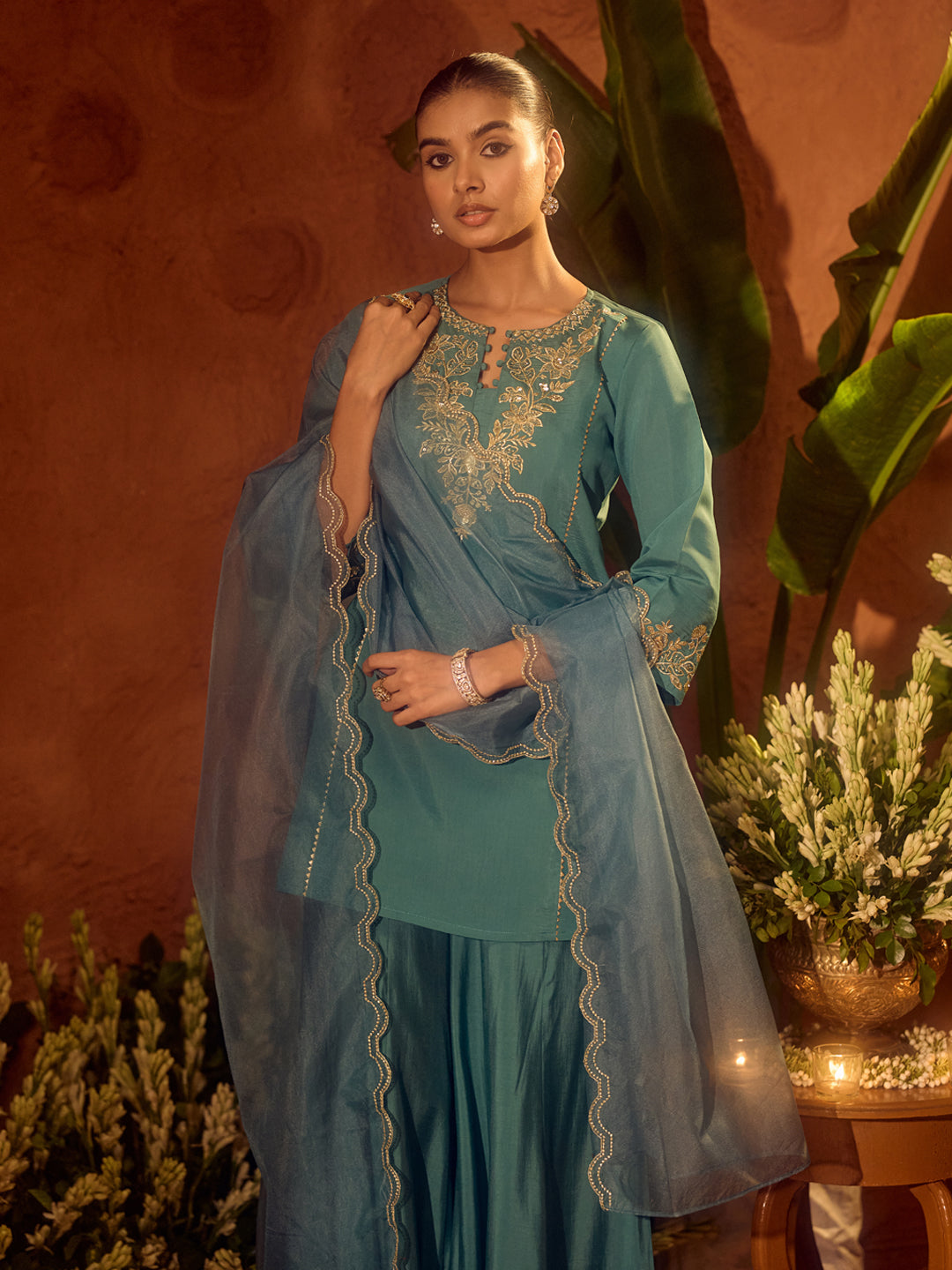 FIORRA Women’s Sea Green Viscose Chanderi Embroidered Ethnic Straight Kurta Set with Dupatta