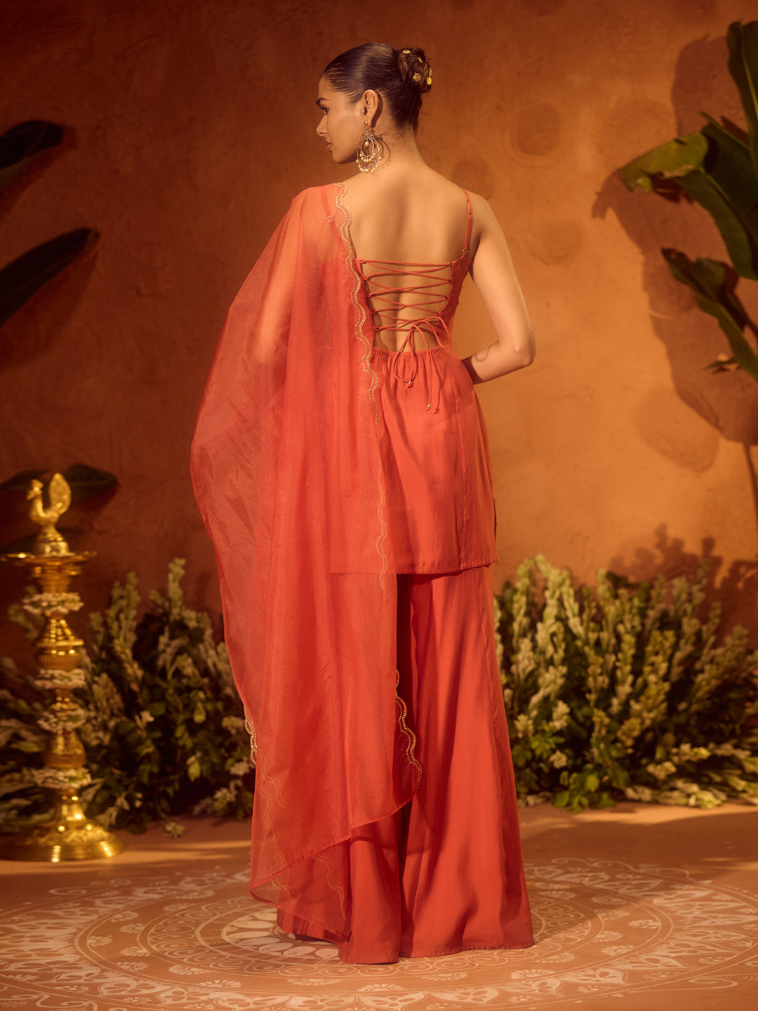 FIORRA Women’s Orange Viscose Chanderi Embroidered Ethnic Straight Kurta Set with Dupatta