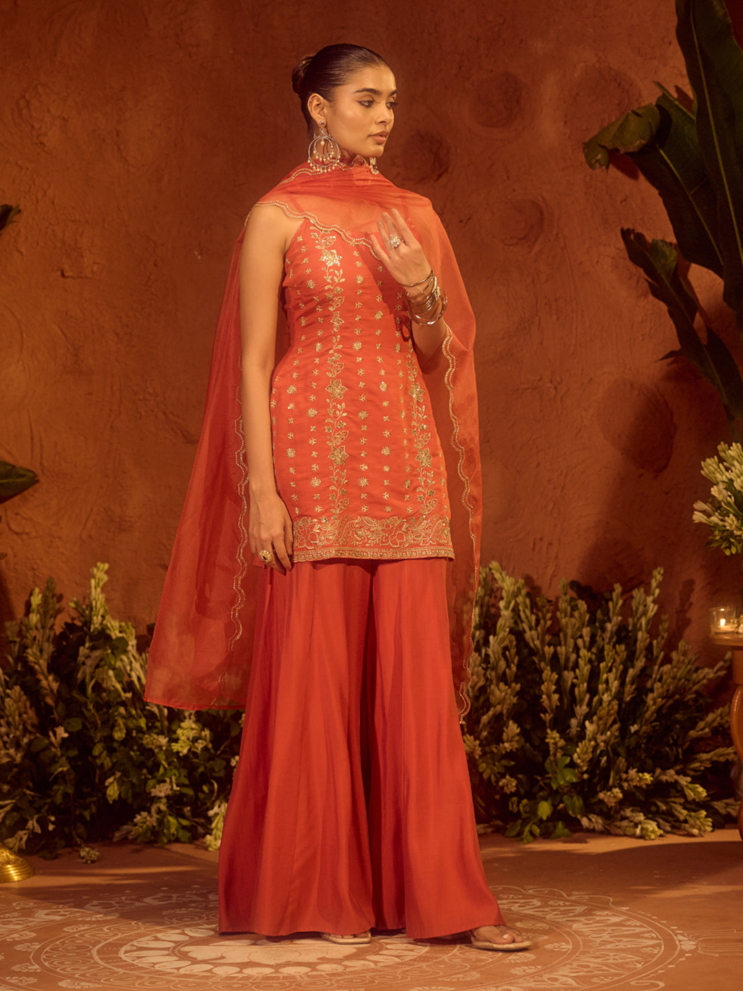 FIORRA Women’s Orange Viscose Chanderi Embroidered Ethnic Straight Kurta Set with Dupatta