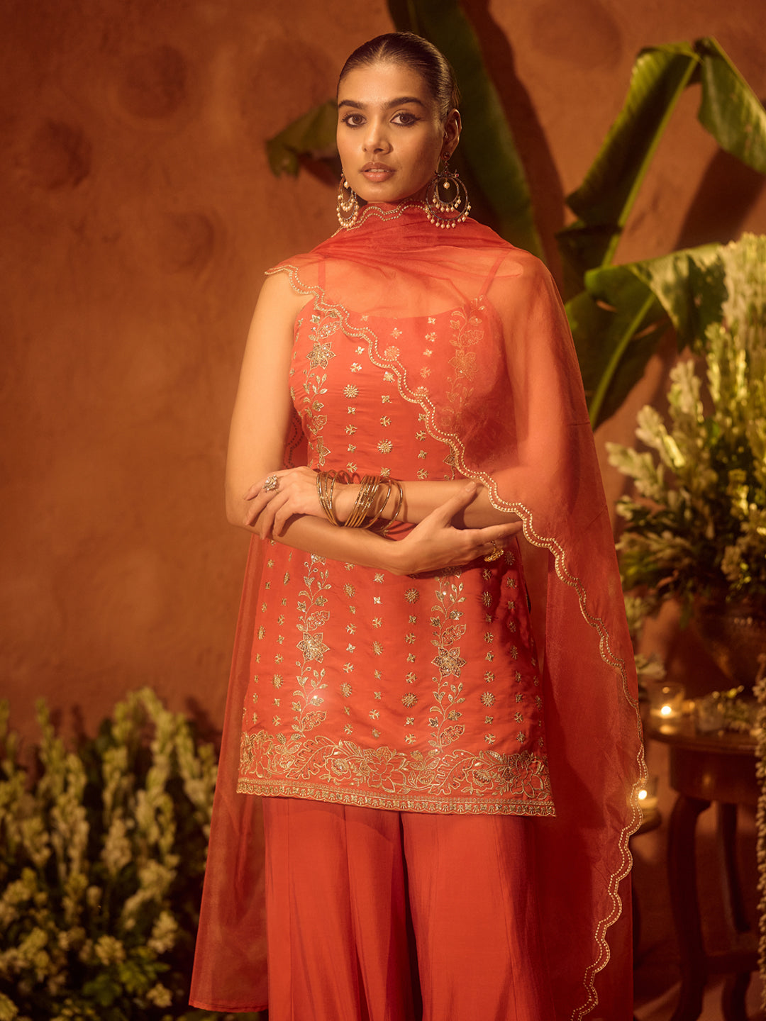 FIORRA Women’s Orange Viscose Chanderi Embroidered Ethnic Straight Kurta Set with Dupatta