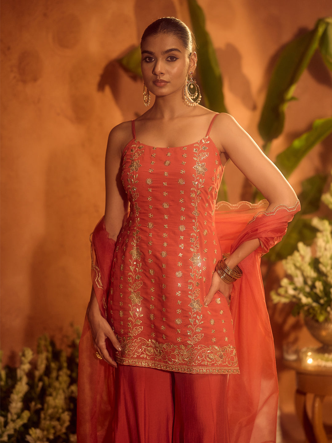 FIORRA Women’s Orange Viscose Chanderi Embroidered Ethnic Straight Kurta Set with Dupatta