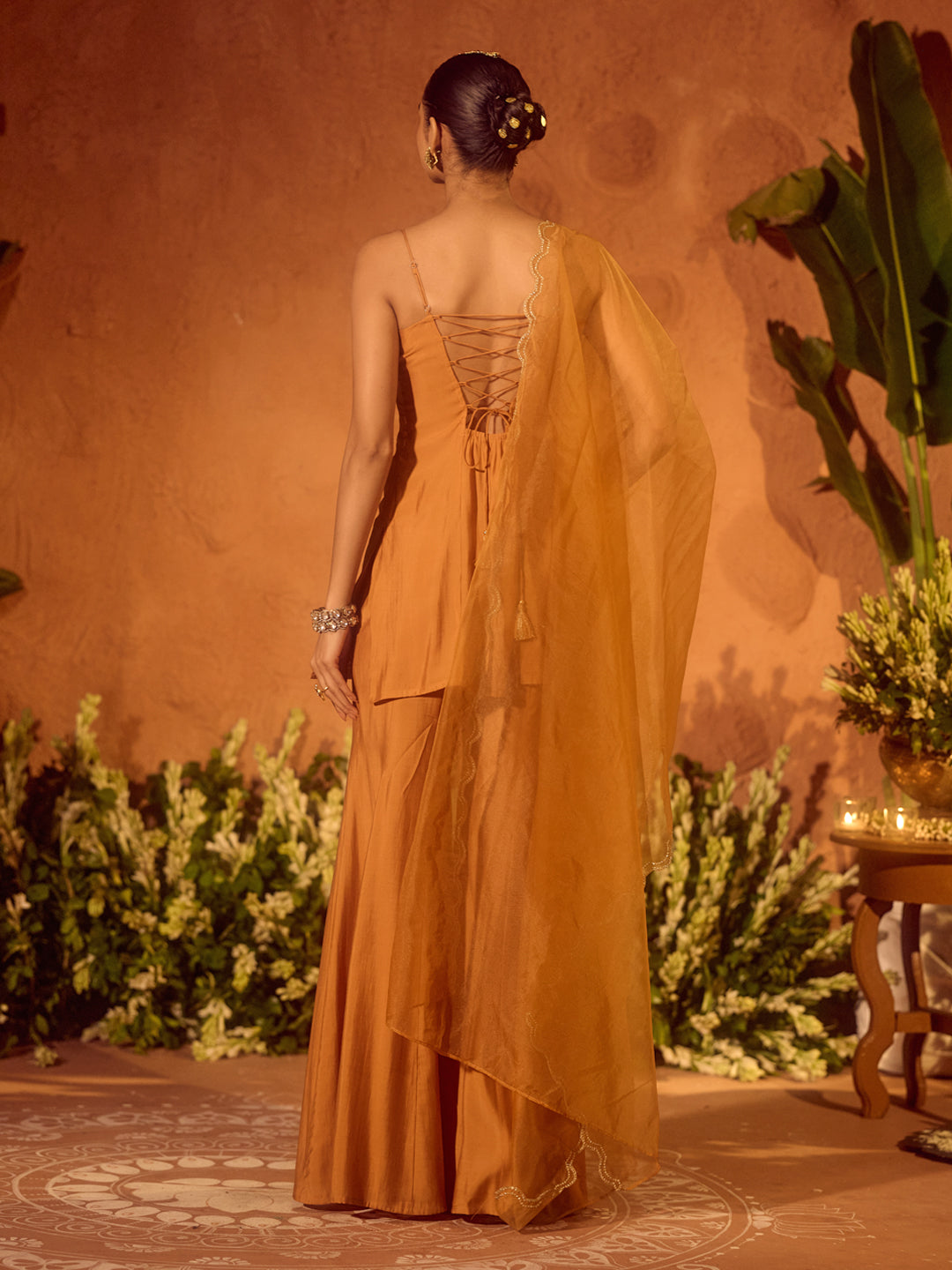 FIORRA Women’s Orange Viscose Chanderi Embroidered Ethnic Straight Kurta Set with Dupatta