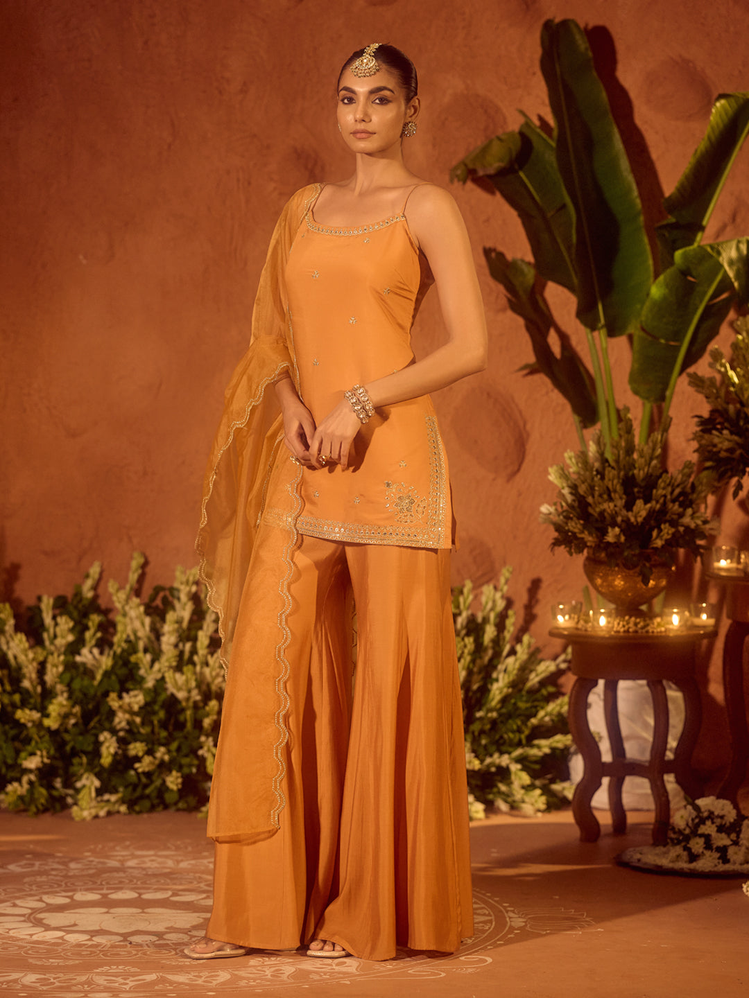 FIORRA Women’s Orange Viscose Chanderi Embroidered Ethnic Straight Kurta Set with Dupatta