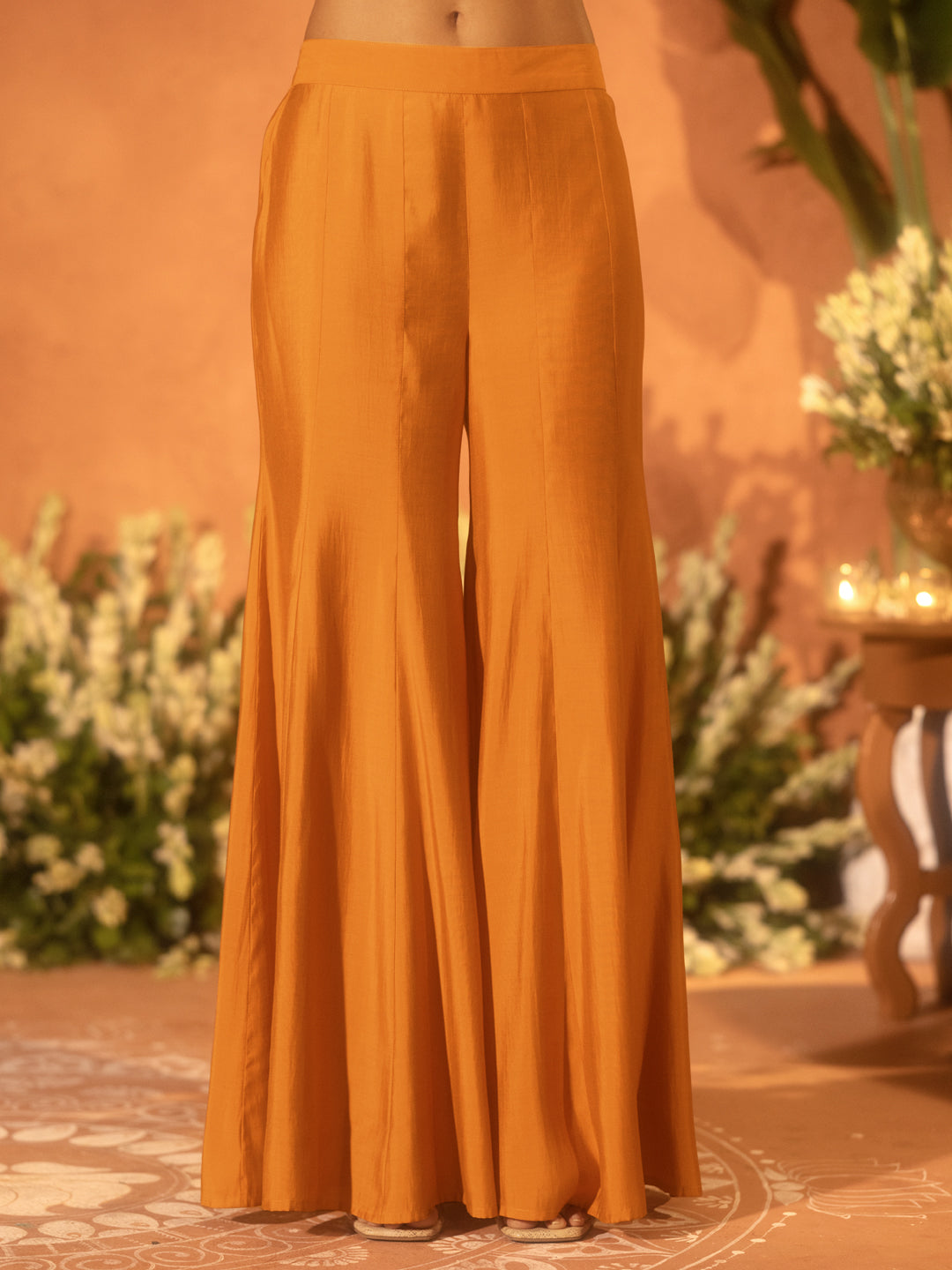 FIORRA Women’s Orange Viscose Chanderi Embroidered Ethnic Straight Kurta Set with Dupatta